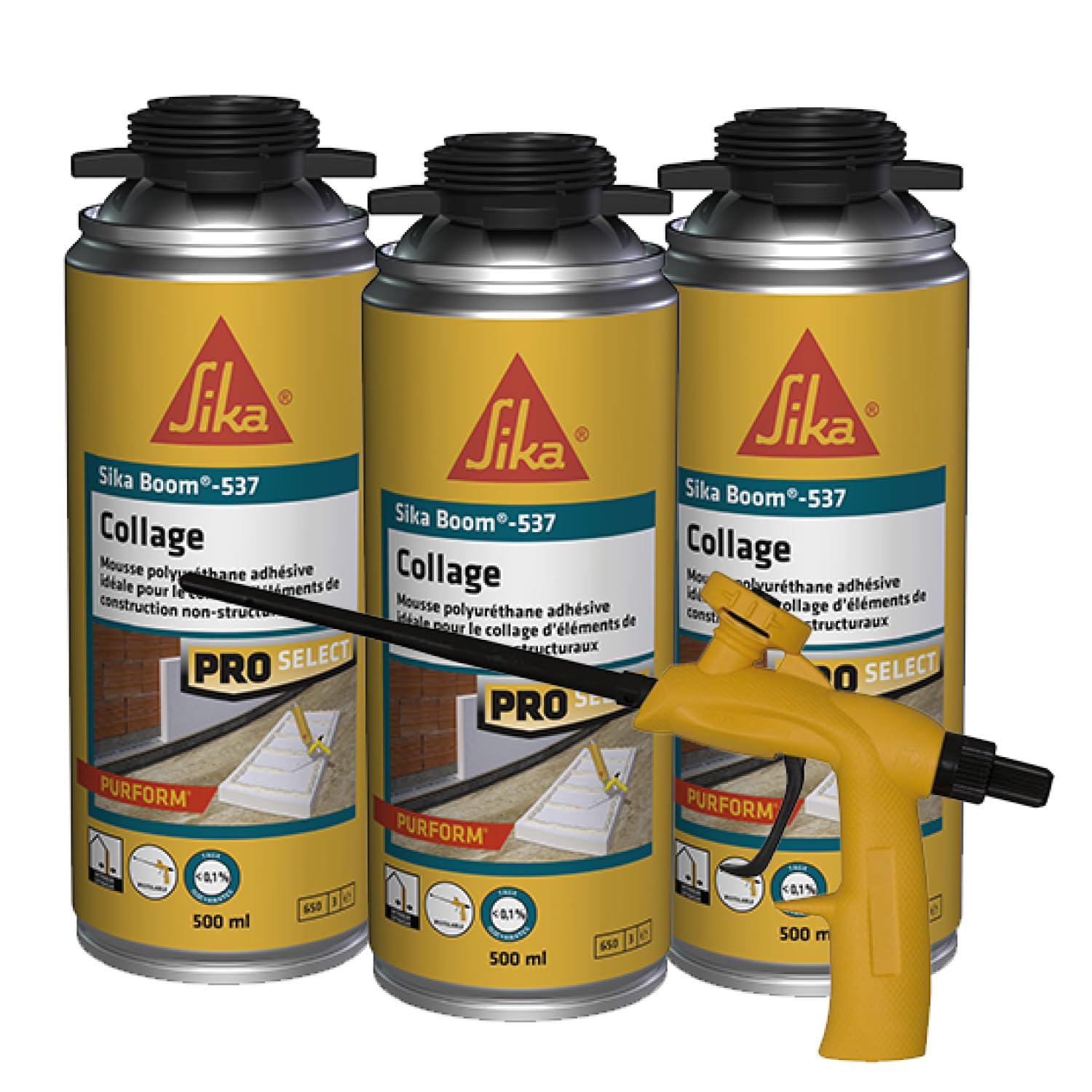 SIKA - Lot de 3x Mousses polyuréthane adhésive - Pour le collage d'éléments de construction - Pistolable - Blanc - 500ml + Pistolet d'application