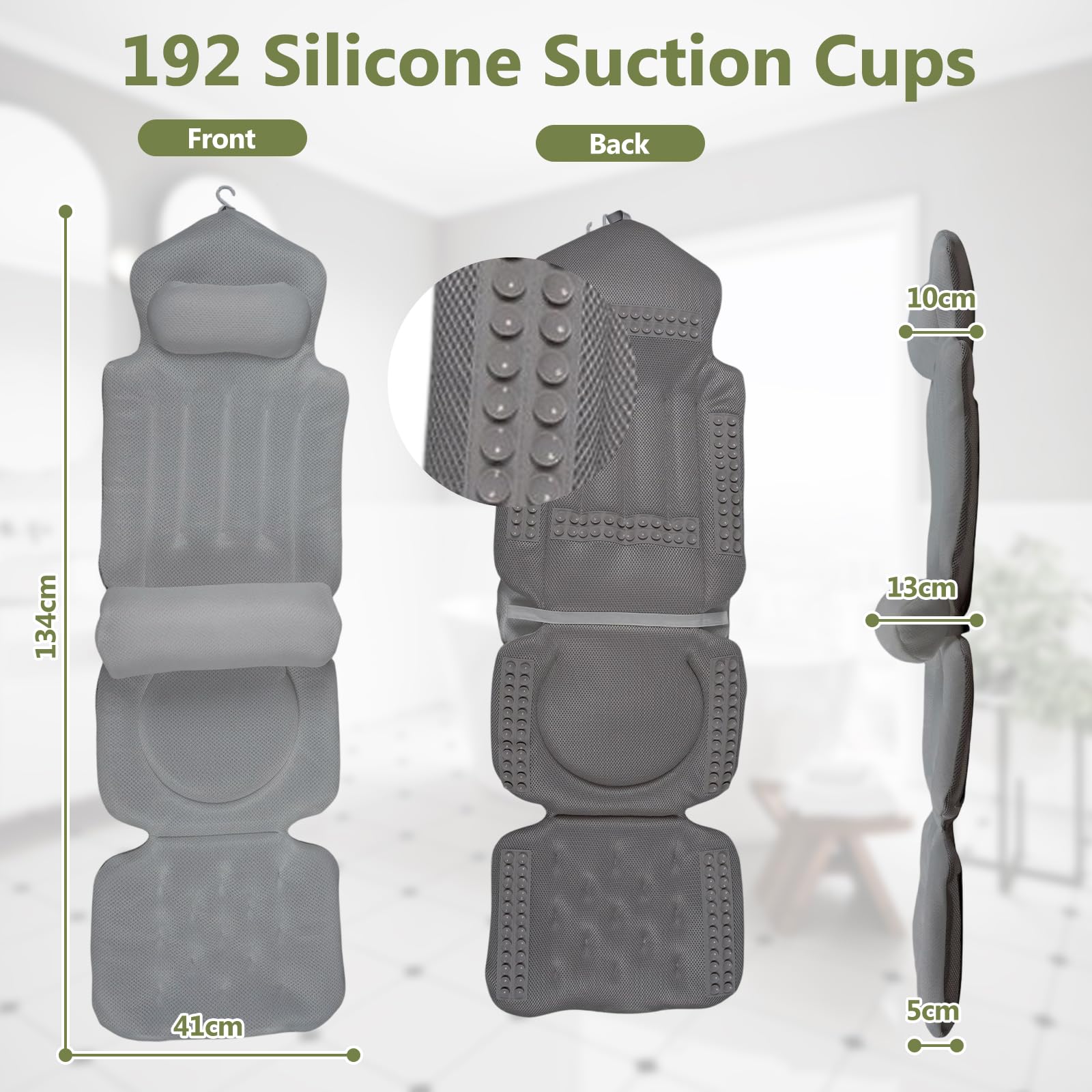 Almohada de baño de cuerpo completo con reposacabezas, soporte lumbar extraíble y 192 ventosas, inserto antideslizante para bañera, cojín de malla de secado rápido, respetuoso con la piel, lavable a