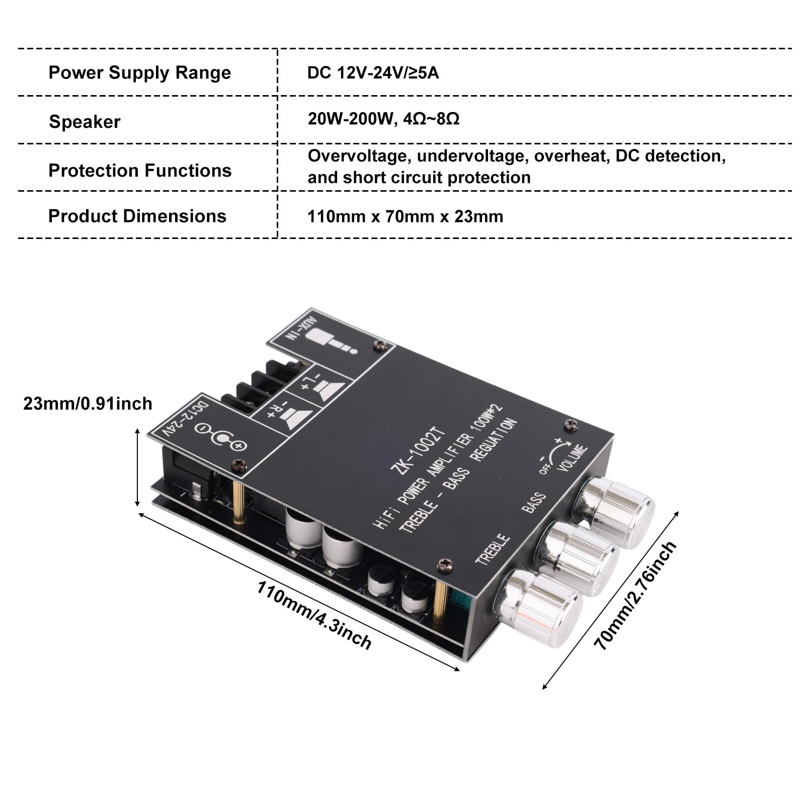 Scheda Amplificatore Bluetooth ZK-1002T, Scheda Amplificatore Stereo 100W+100W con Controllo Alti Bassi Supporta Ingresso AUX/Bluetooth con Ampia Tensione 12-24V Manuale Utente (Pre-Assemblato)