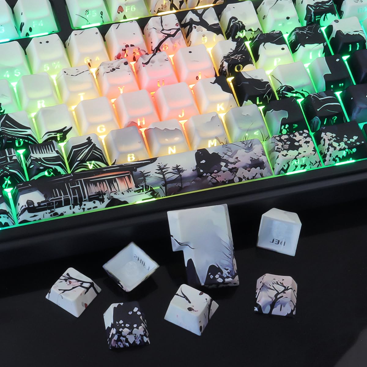 JakeTsai Nasadki klawiszy PBT 130 klawiszy Double Shot Bright Moon Night Keycaps, Shine Through Side Printed Keycap, Cherry Profile Dye Sublimation Custom Keycap for Cherry MX Switch Mechaniczne