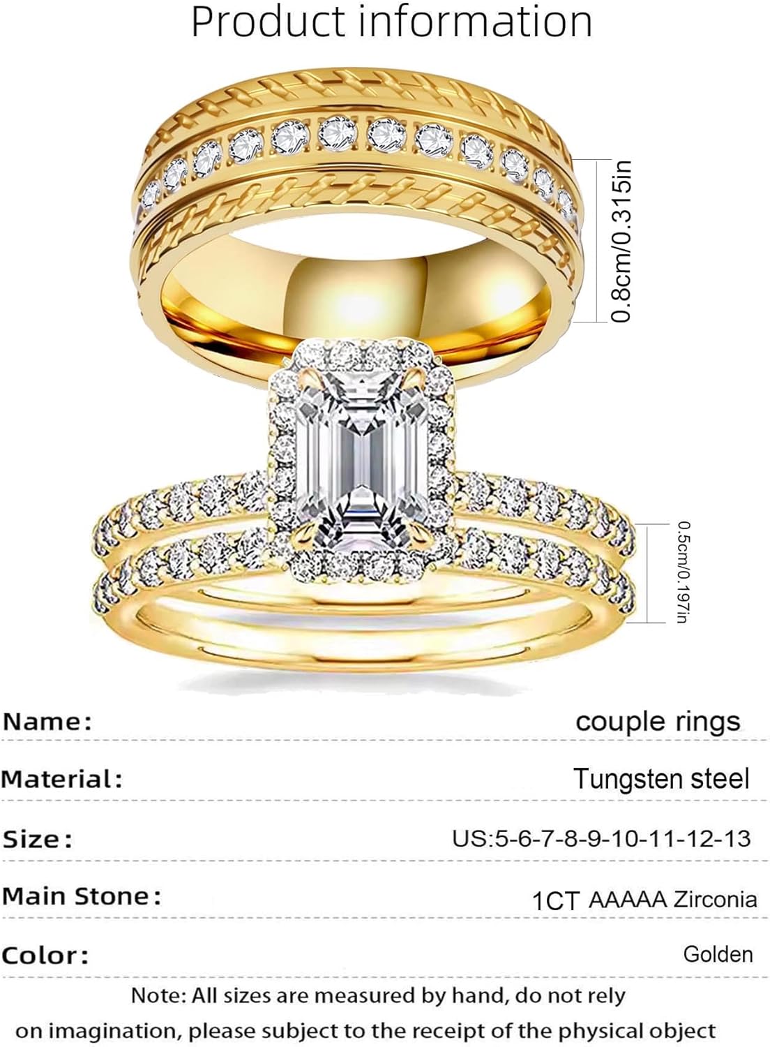 1CT CZ Wedding Ring Set for Women & Men Yellow Gold Plated Bridal Couple Rings Titanium Steel Ring Wedding Band