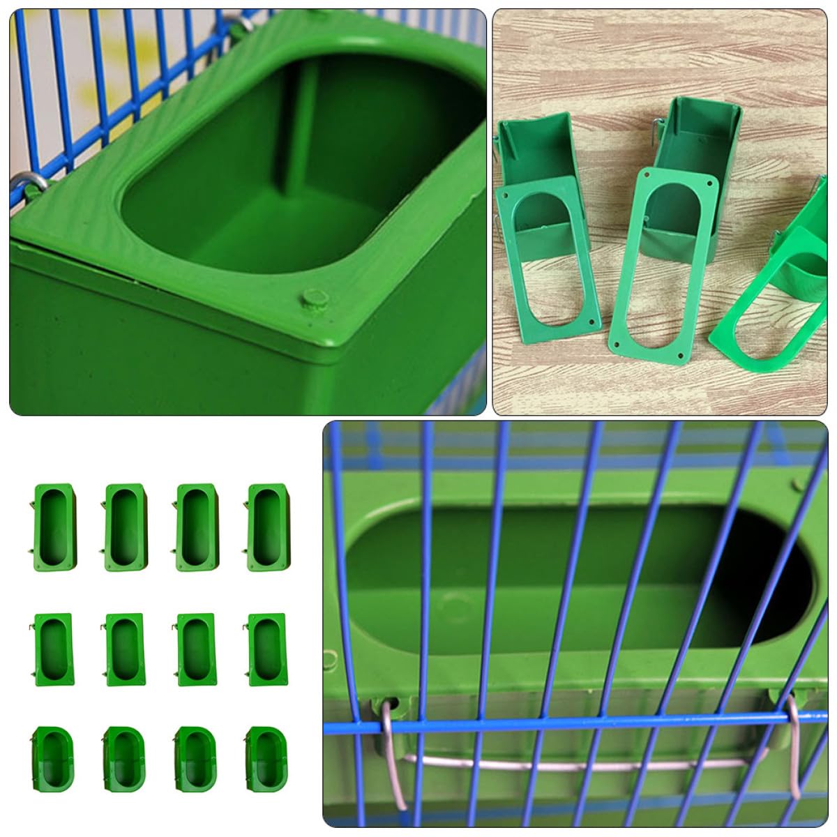 Mangeoires à Oiseaux Faciles à Nettoyer et Remplir Lot de 12 en Plastique Vert pour Perruches et Petits Oiseaux en Cage