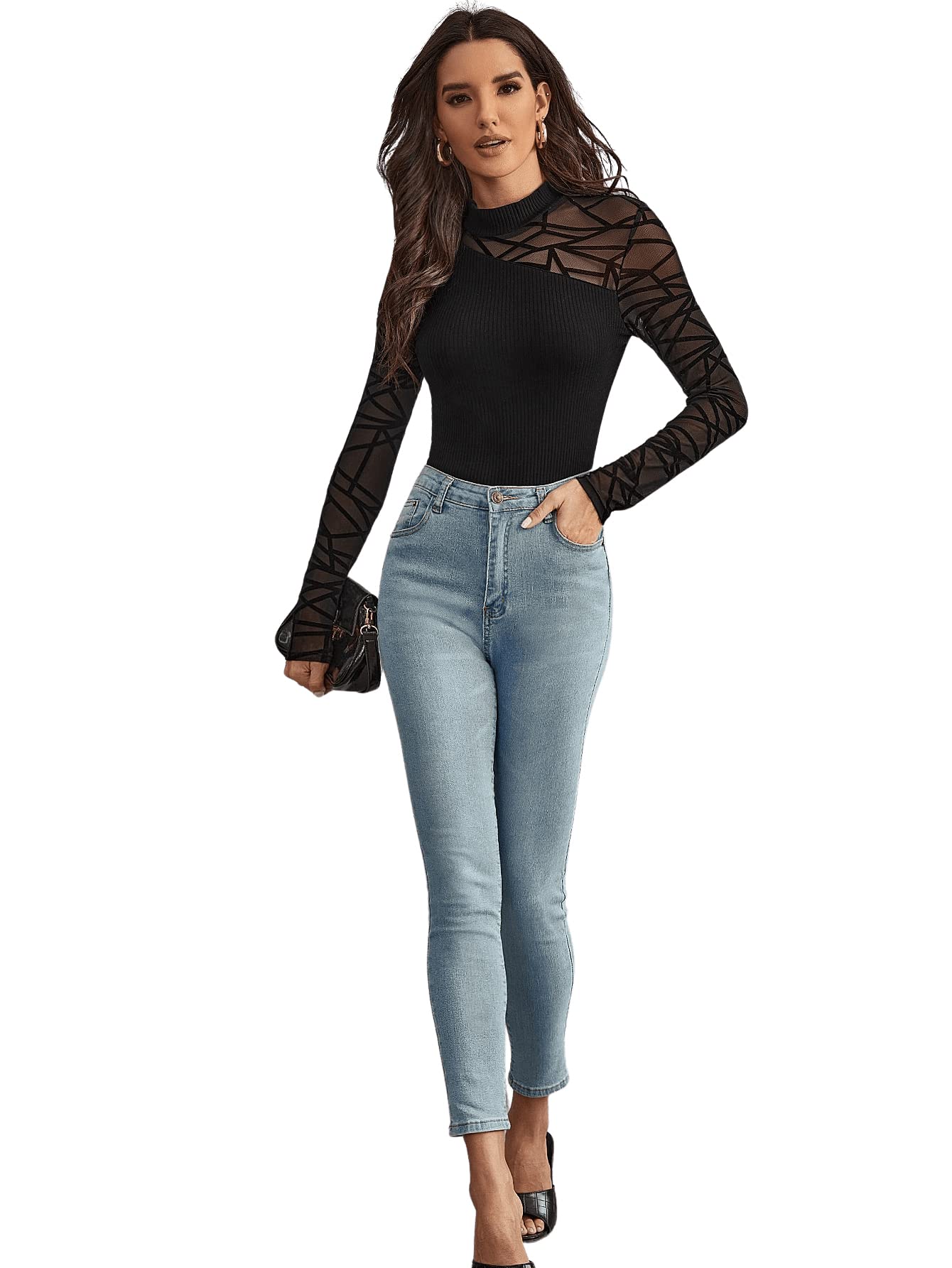 GORGLITTER Body Damen Langarm Strick Sexy Mesh Bodysuit Langarmbody Damen Elegant Damenbody Mit Stehkragen