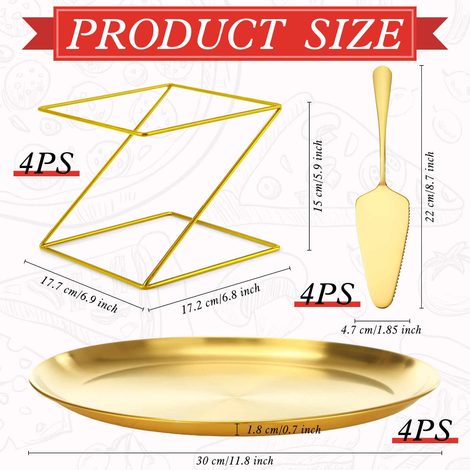 Yiyiring 12 Pcs Pizza Pan Riser Stand Set: 4 Metal Pizza Stands, 4 Pizza Pan, 4 Wooden Pie Servers(Gold,Square)
