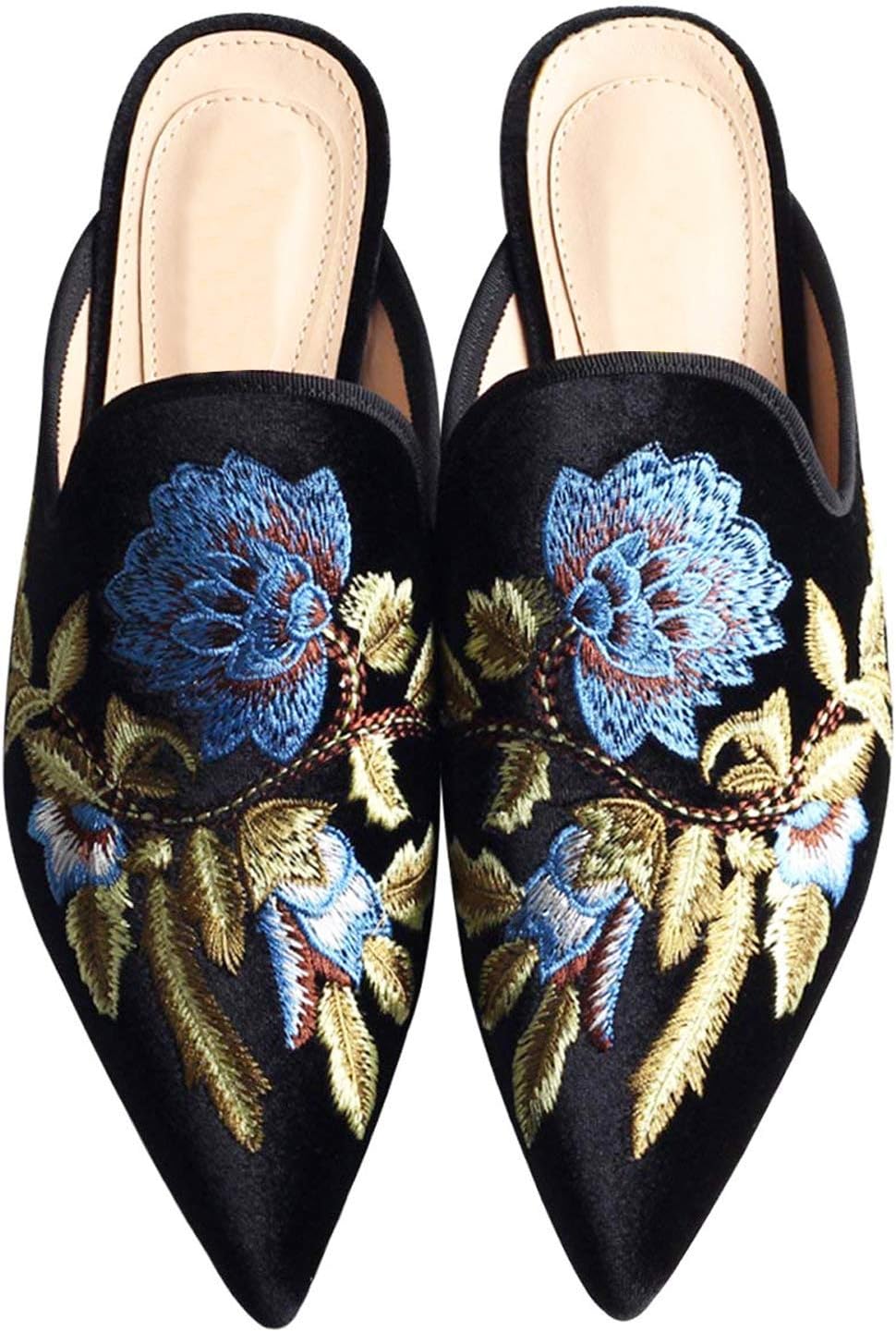 Women's Velvet Backless Pointed Toe Loafers - Embroidered Slip On Mule Slippers Flats, Comfortable Embellished Flat Shoes for Daily & Casual Wear