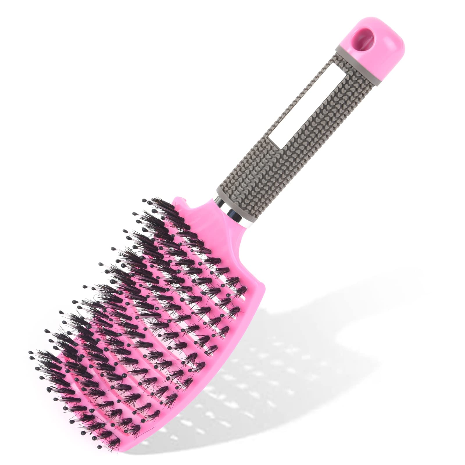 URAQT Cepillo de Pelo, Cepillo para el Pelo con Cerdas de Jabalí Naturales, Peine de Pelo Masaje Curvo y Ventilado, para Secado Más Rápido, Reducir el Encrespamiento y la Rotura (Rosa)