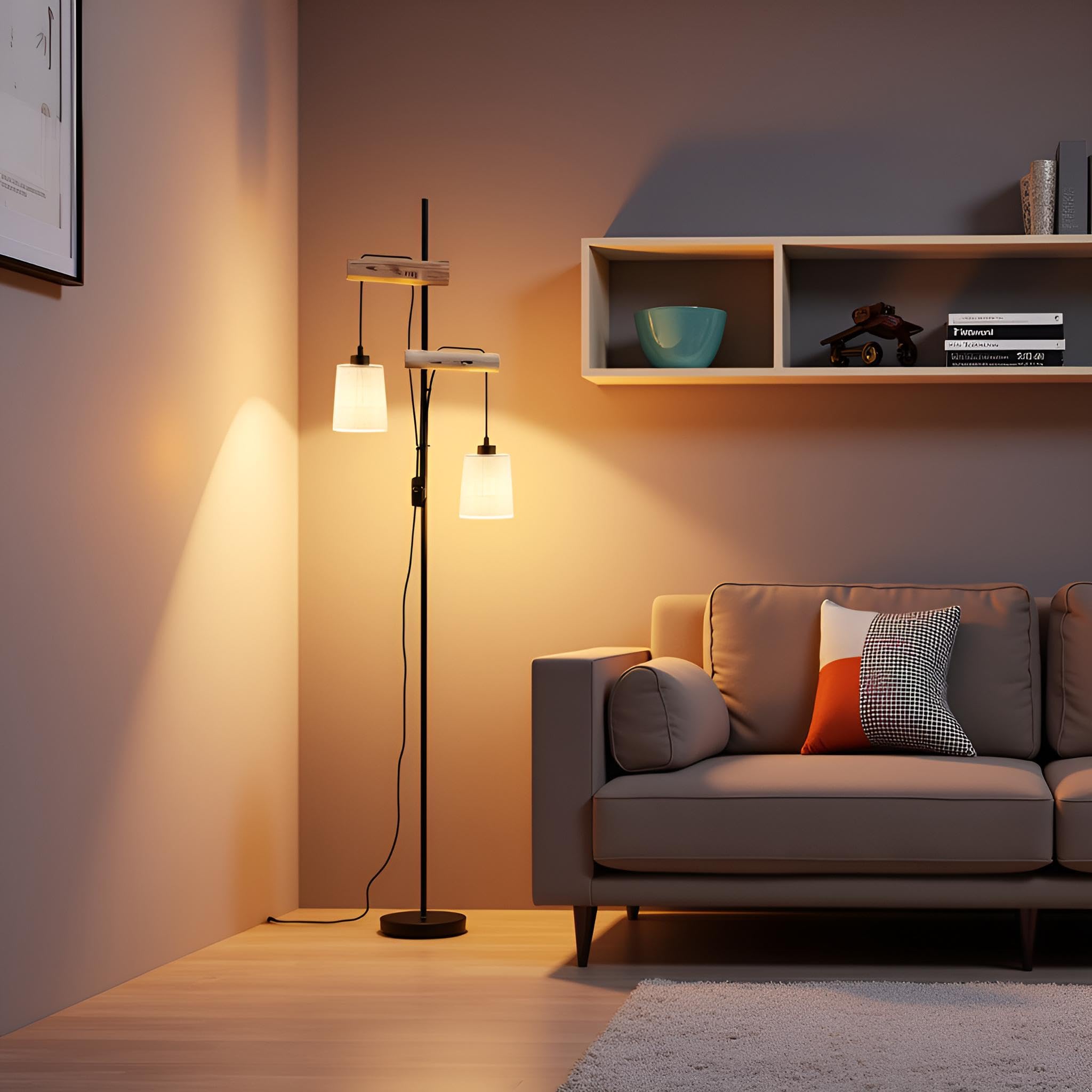 Holz Stehlampe Wohnzimmer, LED Stehleuchte mit 2 E27-Fassung, Vintage Design, Stoff Doppelschirm, Retro Stehlampe, Schwarz mit Naturholz