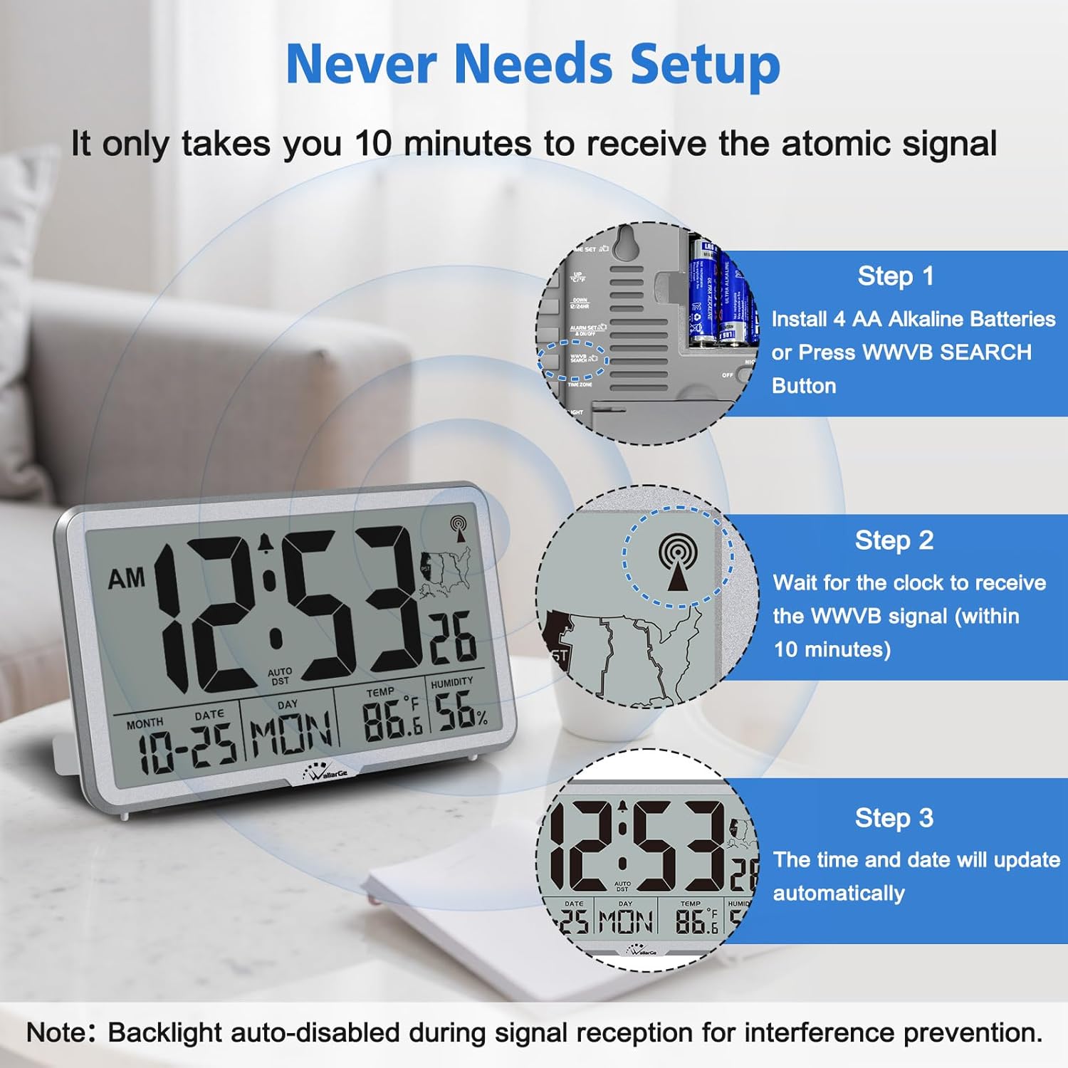 WallarGe Atomic Wall Clock with Backlight, Digital Wall Clock Battery Operated for Classroom, Bedroom, Office, Large Display with Indoor Temperature, Humidity, Date, AUTO DST, 6 Time Zones