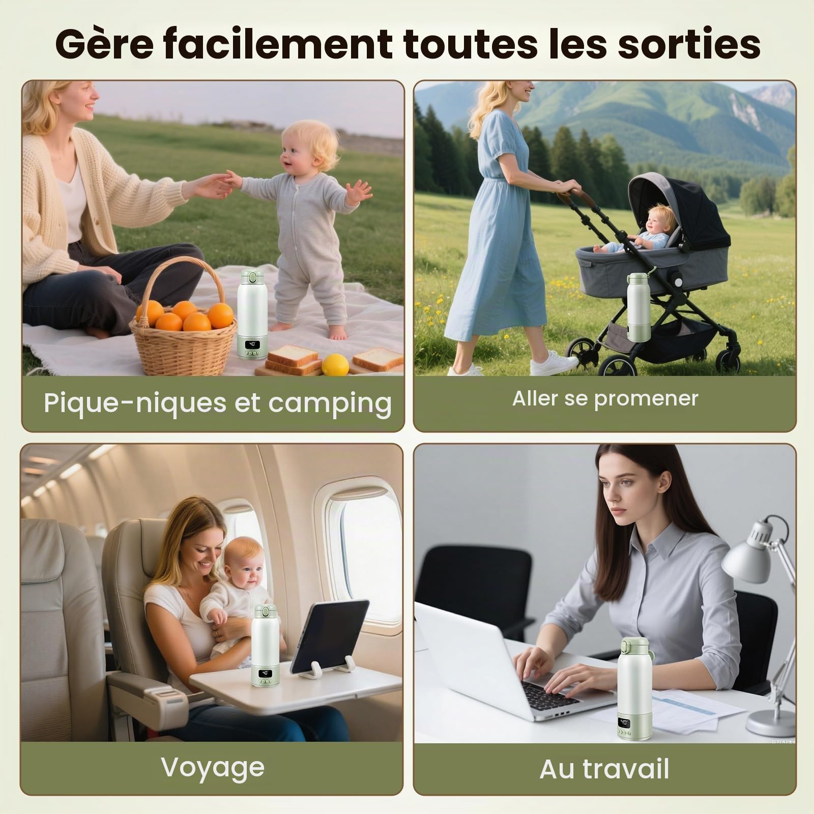 Chauffe Biberon Nomade Capacité 500ml pour Voyage, Chauffe Biberon sans Fil pour Eau ou Lait Maternel, Température Réglable 37 à 70°C Chauffe Lait/Eau Portable, sans BPA