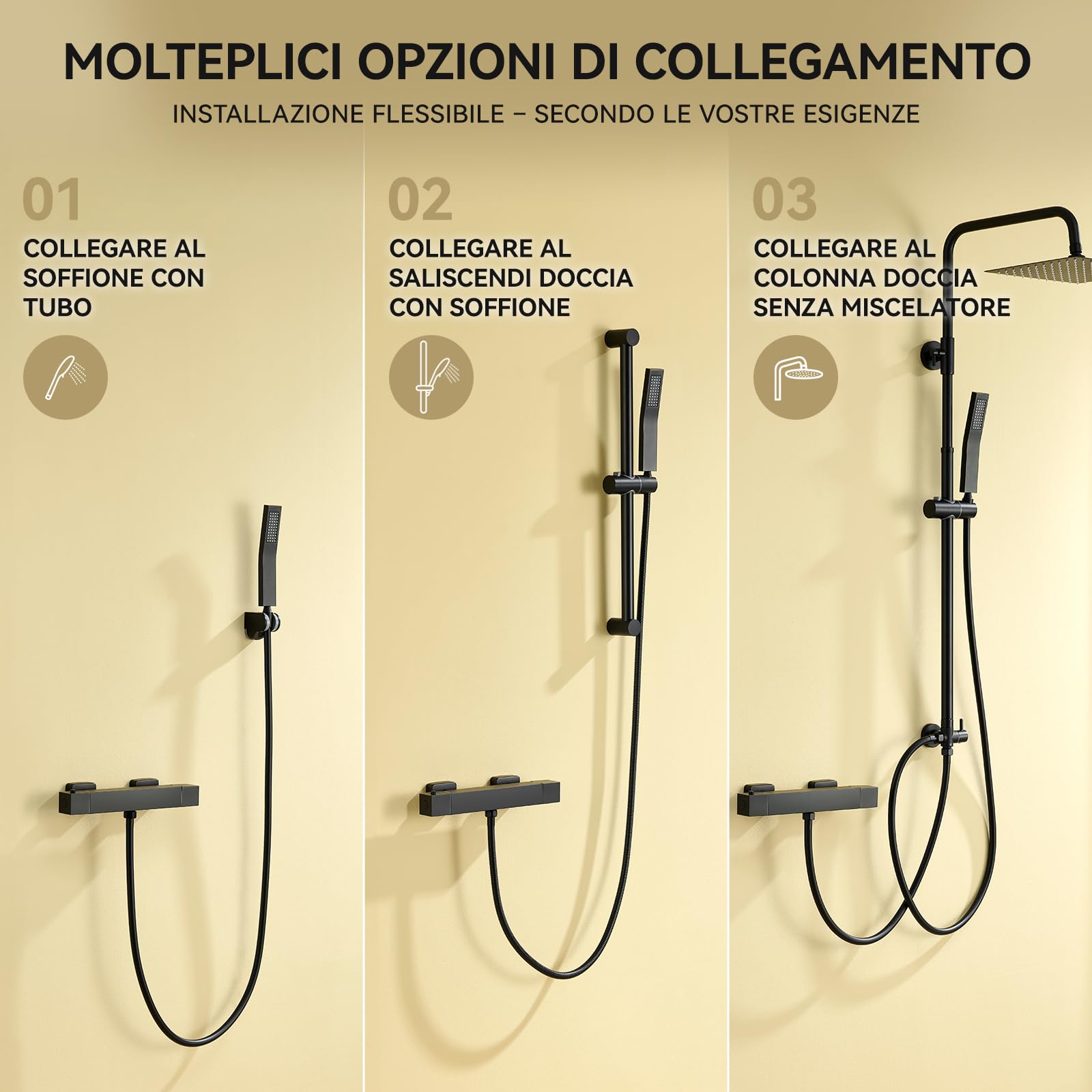 Auralum Miscelatore Termostatico Doccia Nero Rettangolare, Rubinetto Doccia da Muro Esterno, Miscelatore Doccia con Deviatore per Asta Doccia Saliscendi con Soffione e Doccetta, per Vasca da Bagno
