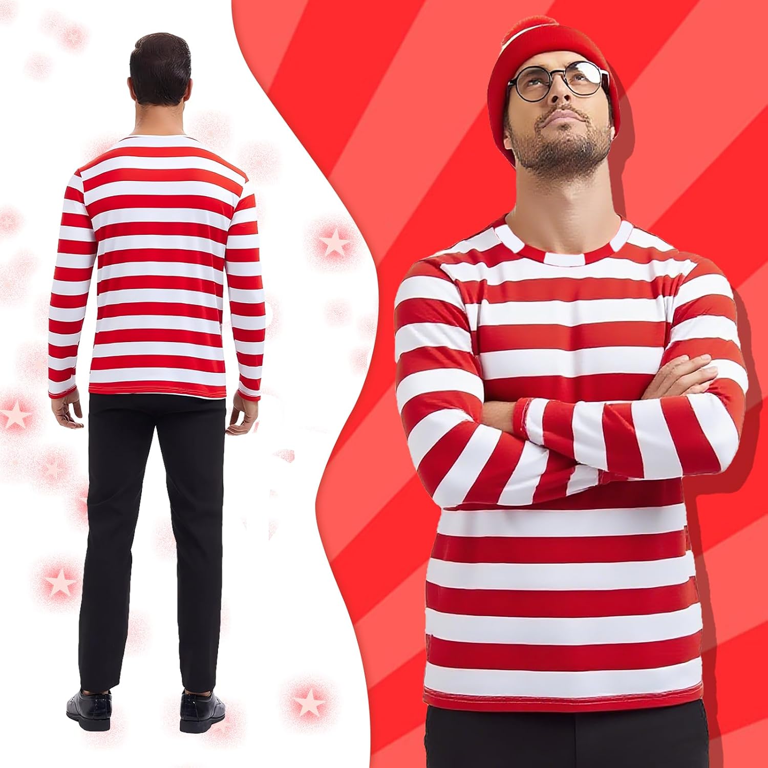 Red and White Striped Shirt Costume Set for Adults with Hat and Round Glasses, Men's Halloween Party Outfit (L) - Image 4