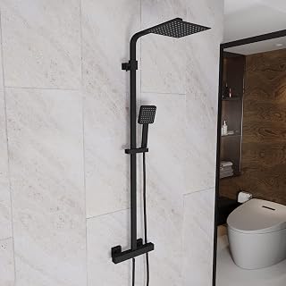Modern Square or Round Exposed Thermostatic Mixer Shower Set Shower Head and Handheld Chrome or Matte Black (Round, Matte Black) (Black Square Shower Head)