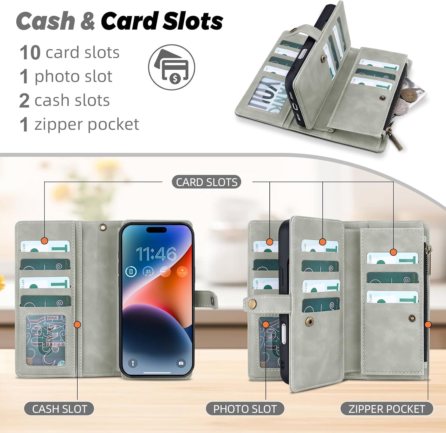 TwoHead Wallet Case Compatible with iPhone 17 Pro,Detachable,Magnetic,11 Cards Holder,PU Leather All-Round Protective Phone Case with Change Pocket(6.3 in,Gray)