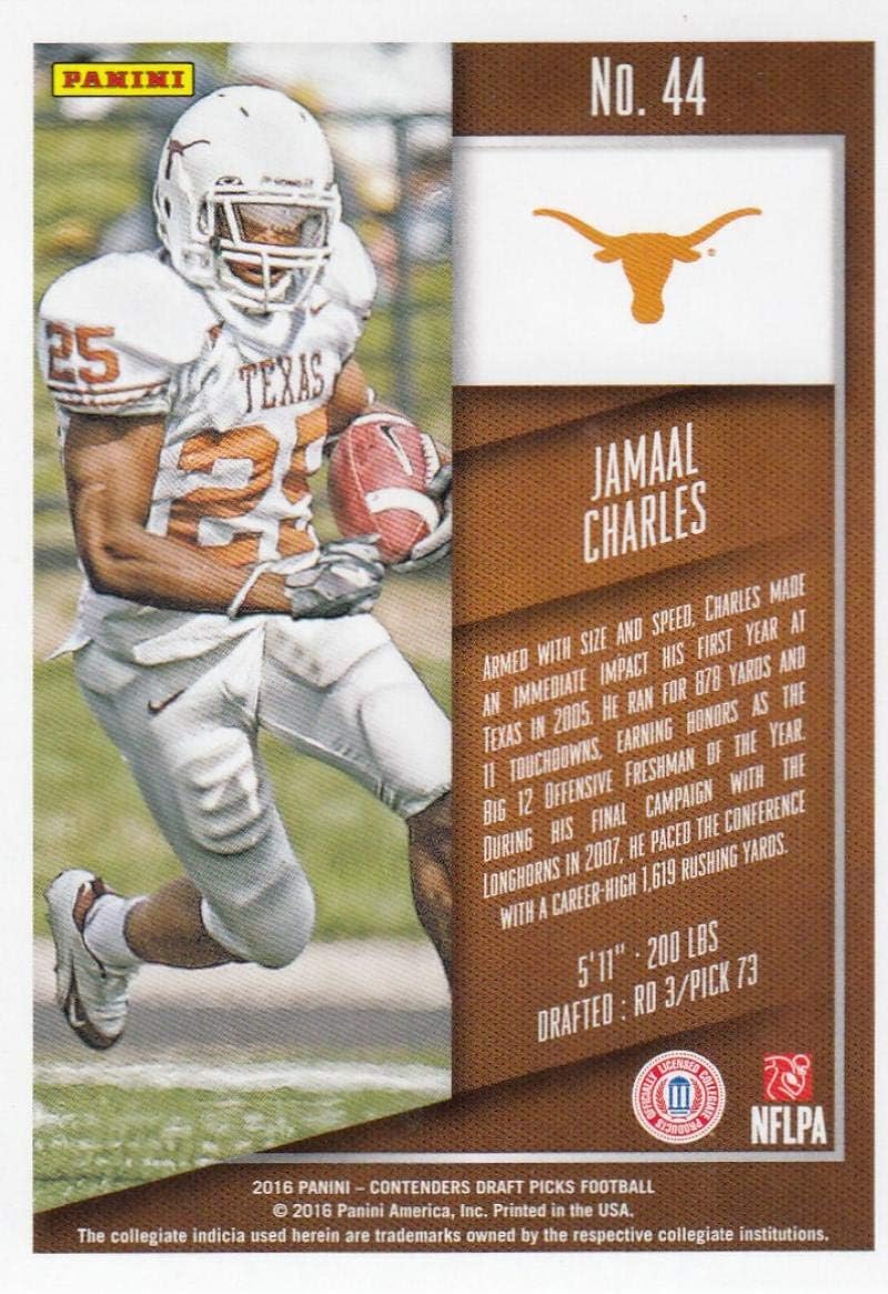 2016 Contenders Draft Picks Football Season Ticket #44 Jamaal Charles Texas Longhorns Official NCAA Trading Card made by Panini
