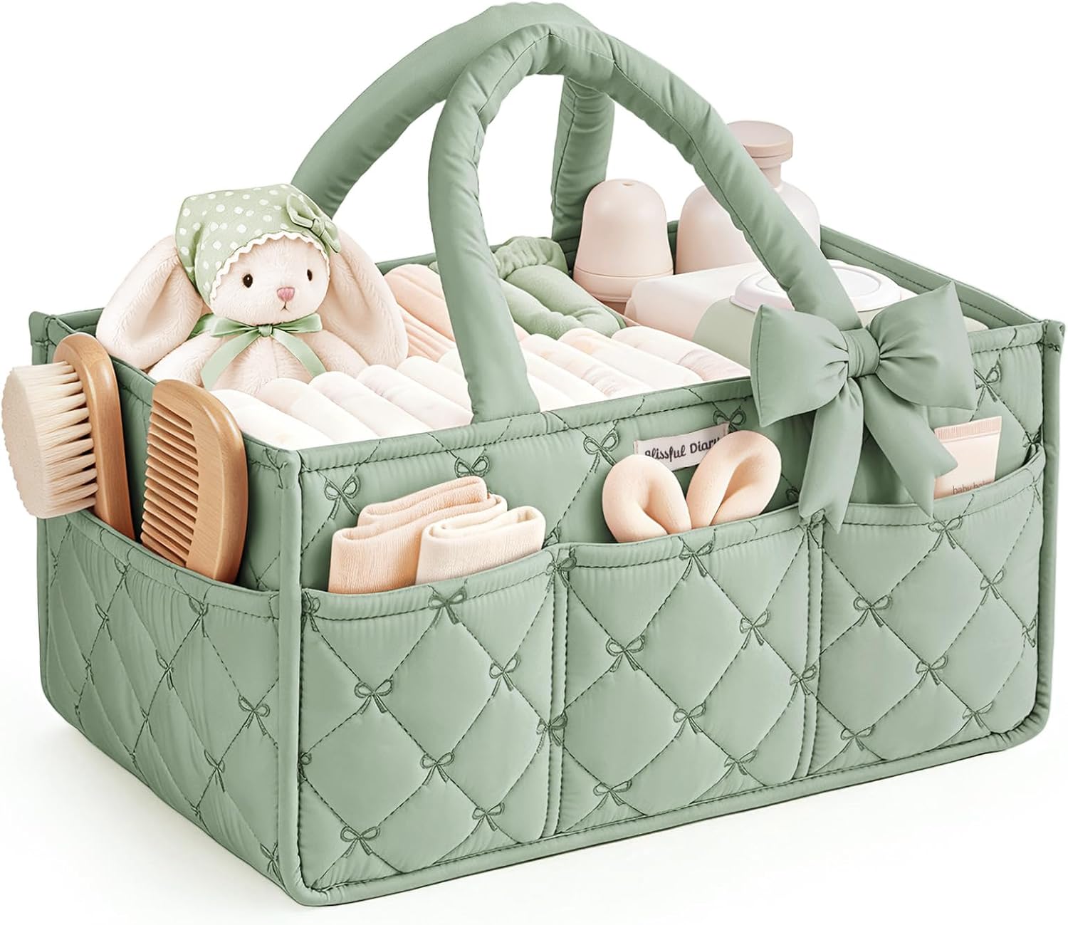 Blissful Diary Baby Diaper Caddy Organizer, Nursery Basket, Bow Sage Green