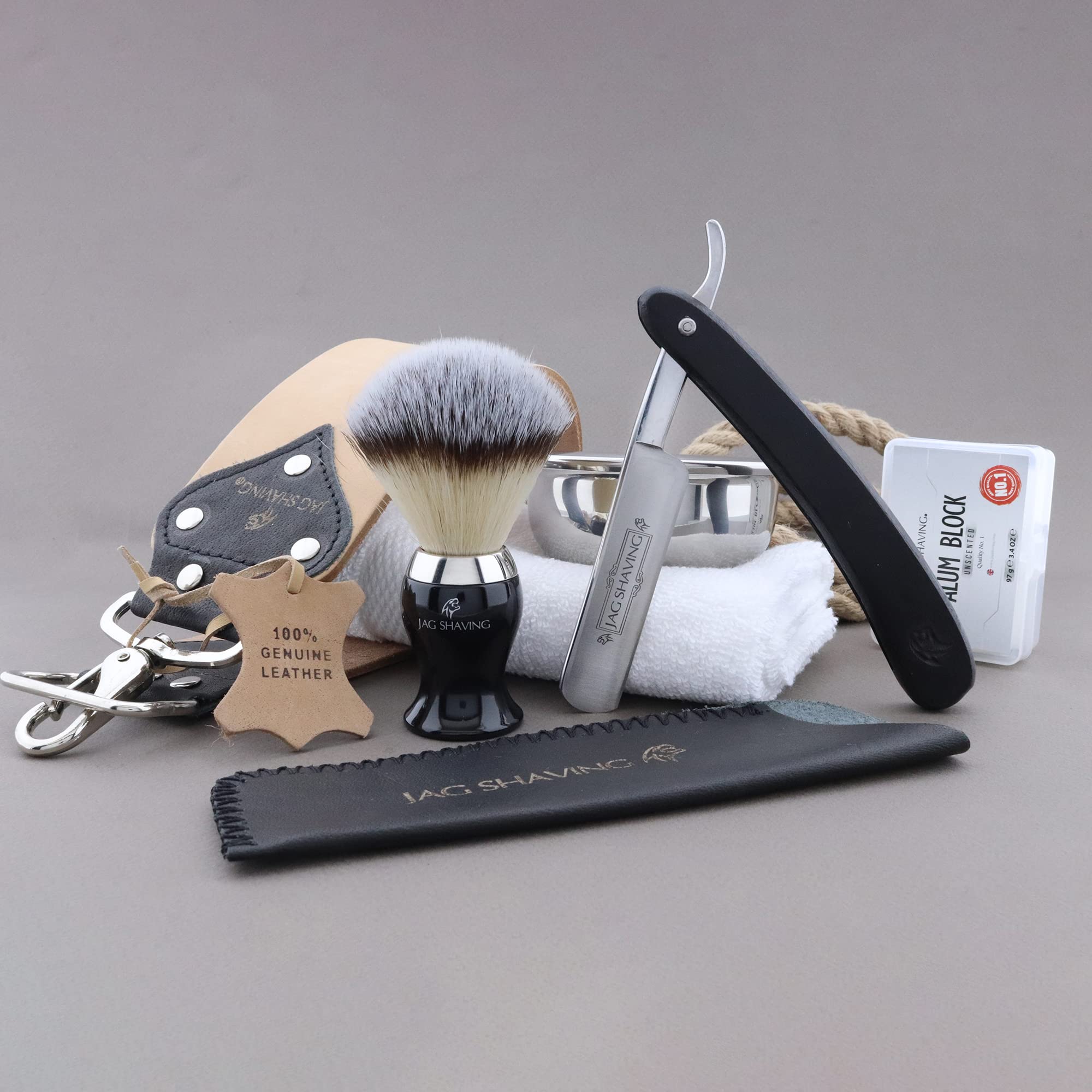 Jag Shaving Zestaw do golenia – 6-częściowy zestaw do golenia – brzytwa – pędzel do golenia z syntetycznych włosów – mydło do golenia – skórzane etui na maszynkę do golenia – blok ałunowy – skóra
