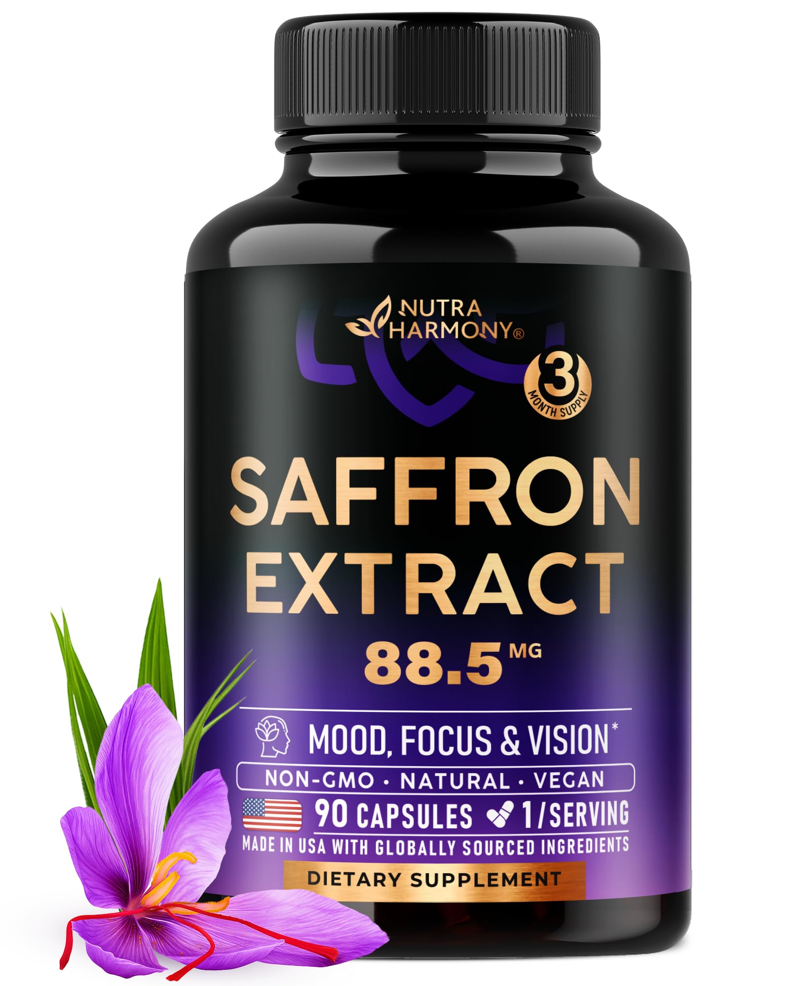 Natural Saffron Supplements - Pure Saffron Extract 88.5 mg - Made in USA - Mood | Focus | Vision | Energy Support - Eye Health for Women & Men - NonGMO Vegan Pills - 90 Powder Capsules, 3 Month Supply