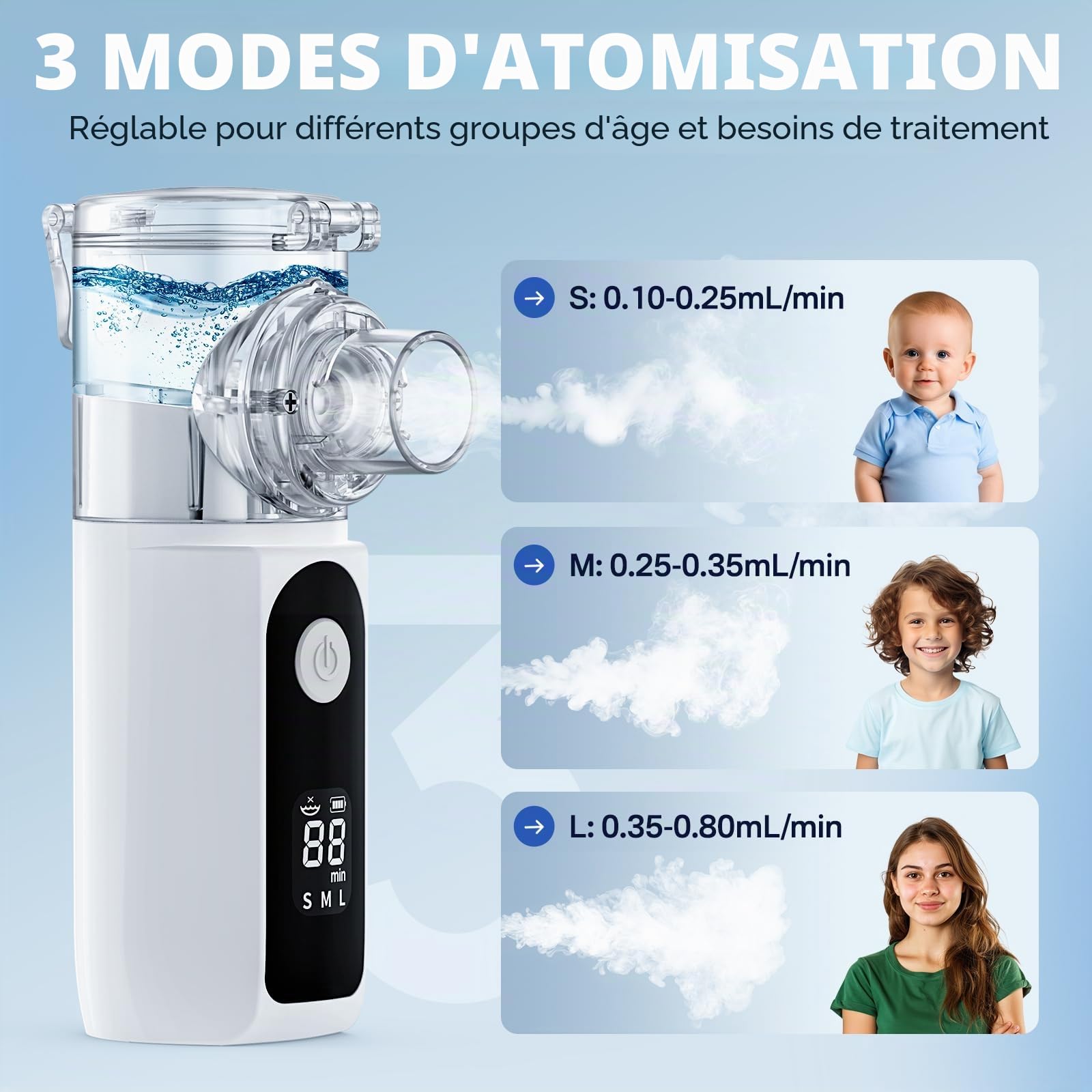 Portable Nébuliseur Aérosol Portable Pour Adulte Enfant bébé, Nebulisateur Affichage Numérique Silencieux, Portable Inhalateur Electrique Aérosol Pour La Maison et Le voyage (Blanc)