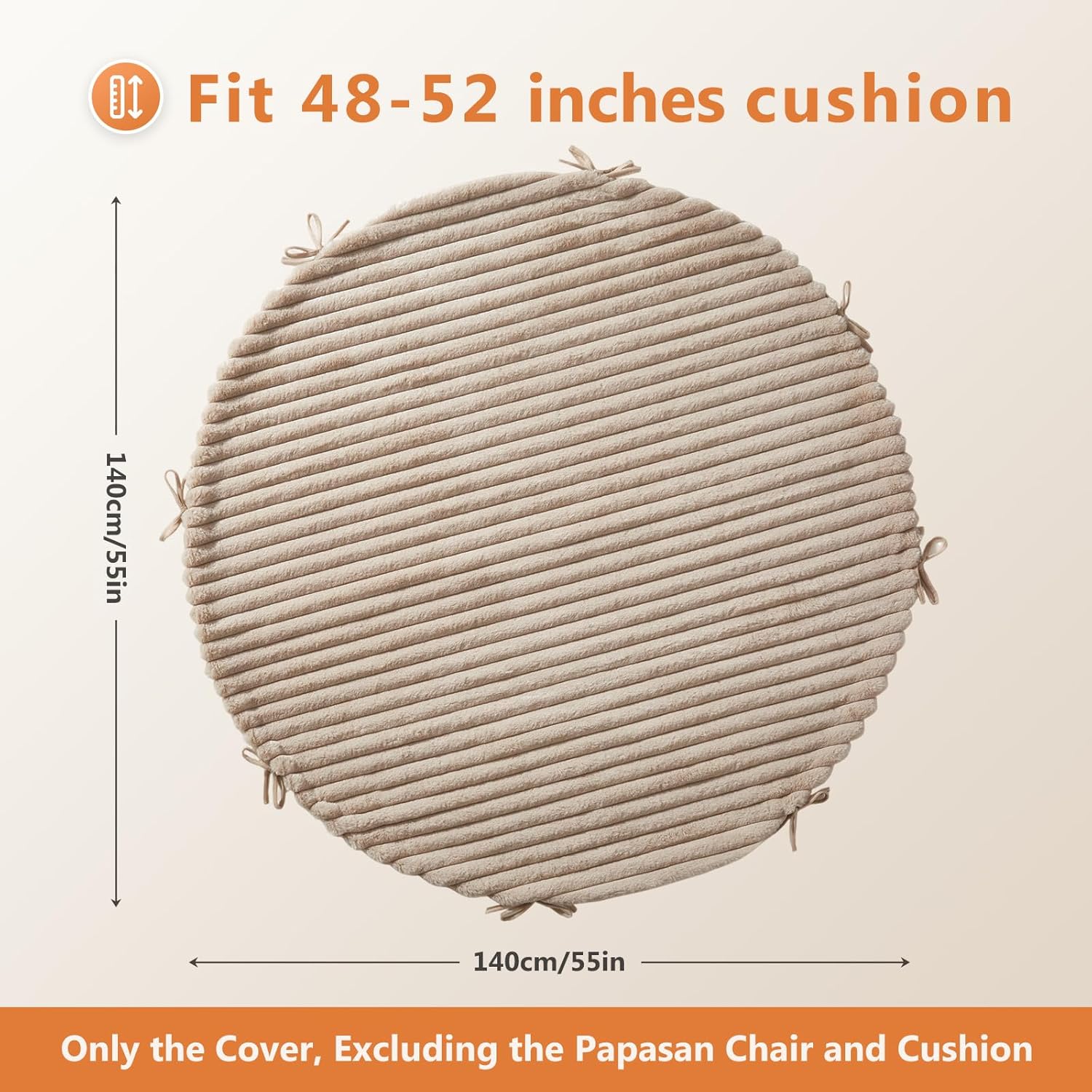 Papasan Chair Cushion Cover ONLY(Without Cushion), Removable Faux Fur Slipcover with 8 Ties & Zipper, Machine Washable Soft Fluffy Shaggy Covers(Khaki, 55"x55")