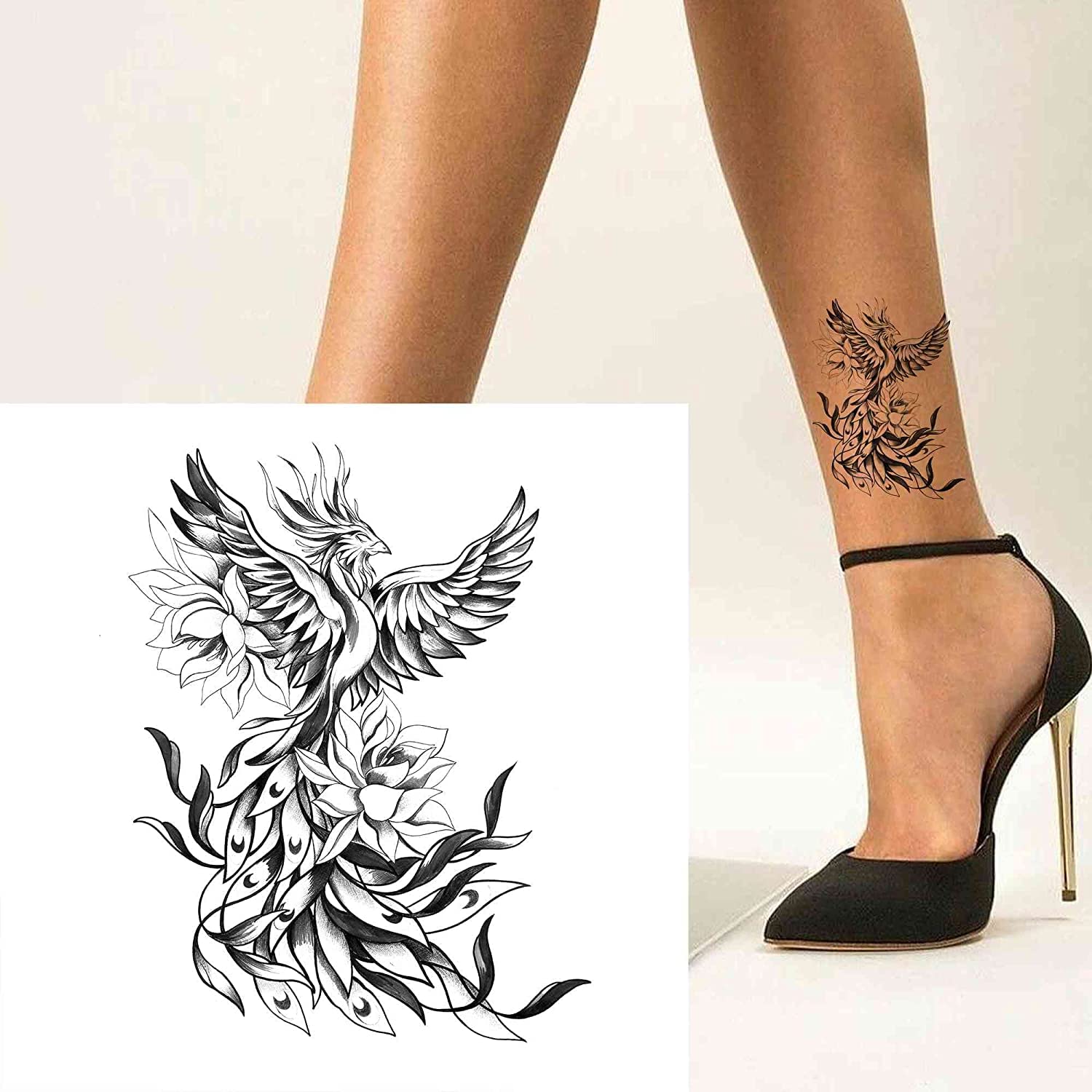 kokvk 6 Sheets Temporary Fake Tattoos for Men Adults Black White Sketch of a Majestic Phoenix in Beautiful Flowers Temporary Fake Tattoo for Women Neck Arm Chest for Woman
