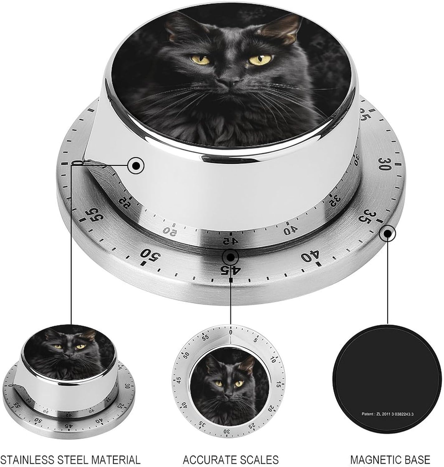 Stainless Steel Timer A Black Cat Printed Kitchen Timers for Cooking Multi-Functional Timer for Home Baking Cooking