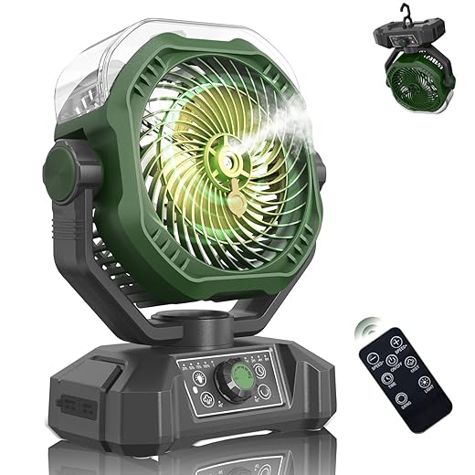Misting Fan Rechargeable,8-Speed with Dual Mist Modes,40-Inch Long Range Mist,360ML Water tank,Portable Cooling Fan with Remote Control,Dual-Color LED Light for Patio,Camping,and Home Use(Green)