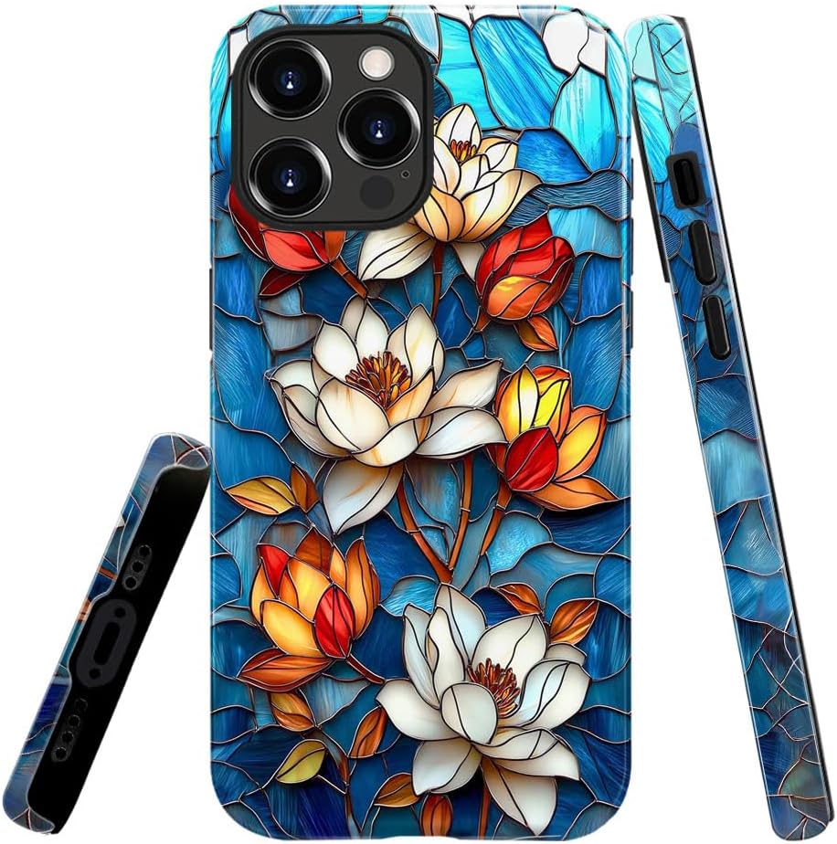 Case for iPhone 14 Pro Max,Lotus Floral Blossoms Stained Glass Phone Case Slim Silicone Shockproof Cover for Girls Women(Glossy & Durable)