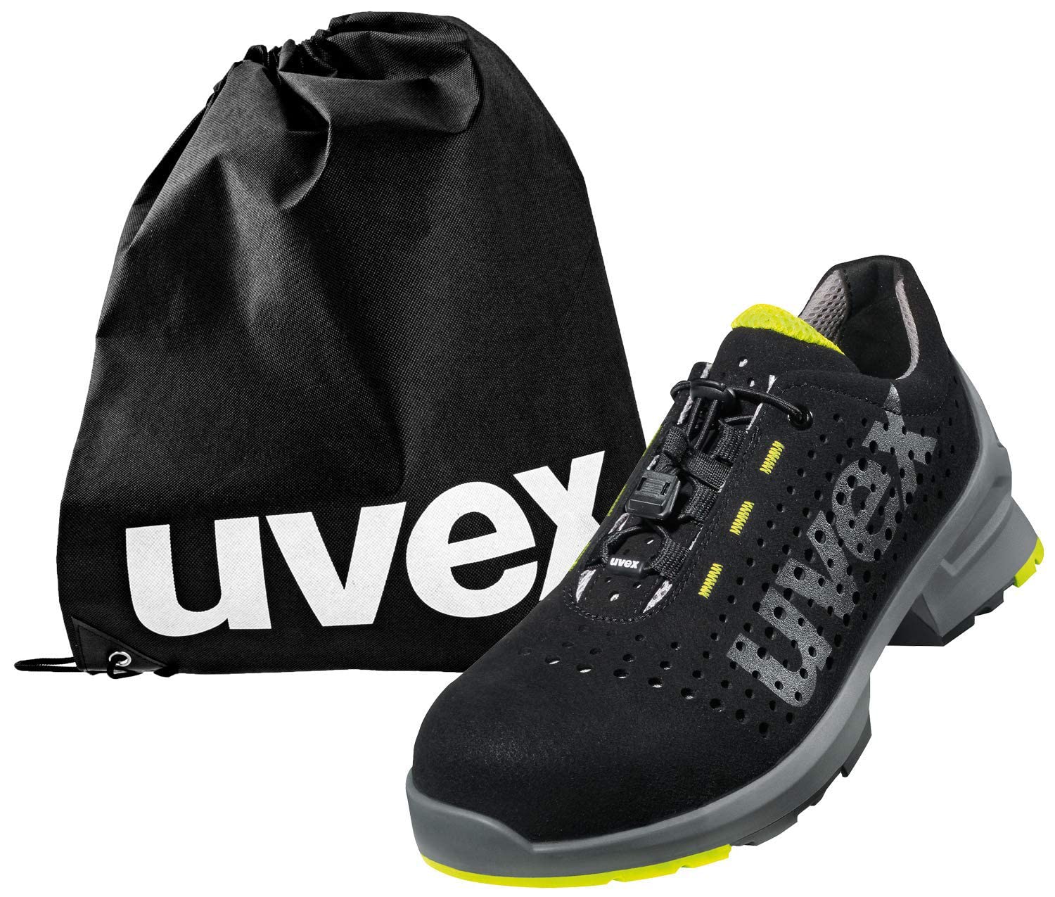 Uvex 1 - Buty robocze - bezpieczne S1 SRC ESD - lekkie i antypoślizgowe - z woreczkiem na obuwie - Limonkowo-czarne