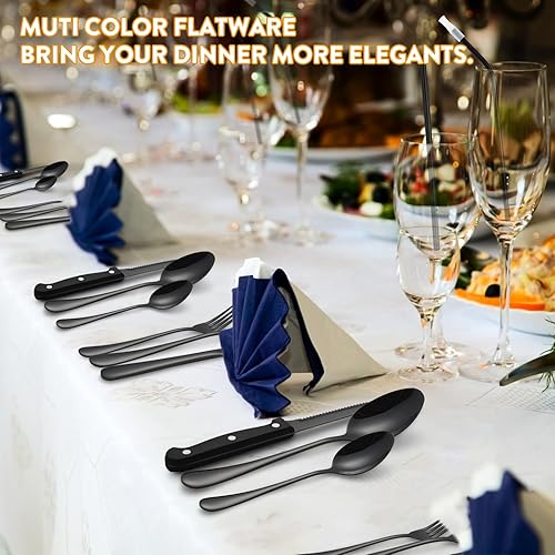Miniatura 5 de Juego de cubiertos negros de 68 piezas con cuchillo para carne para 8, juego de cubiertos de acero inoxidable negro, juego de vajilla de cocina para
