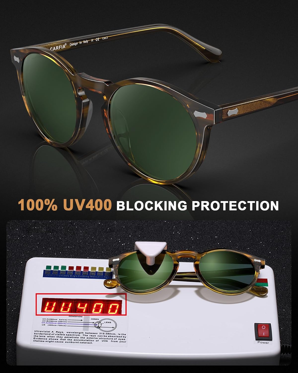 CARFIA Retro Polarized Sunglasses for Men UV400 Protection Handmade Acetate Round Frame CA5288L - Image 8