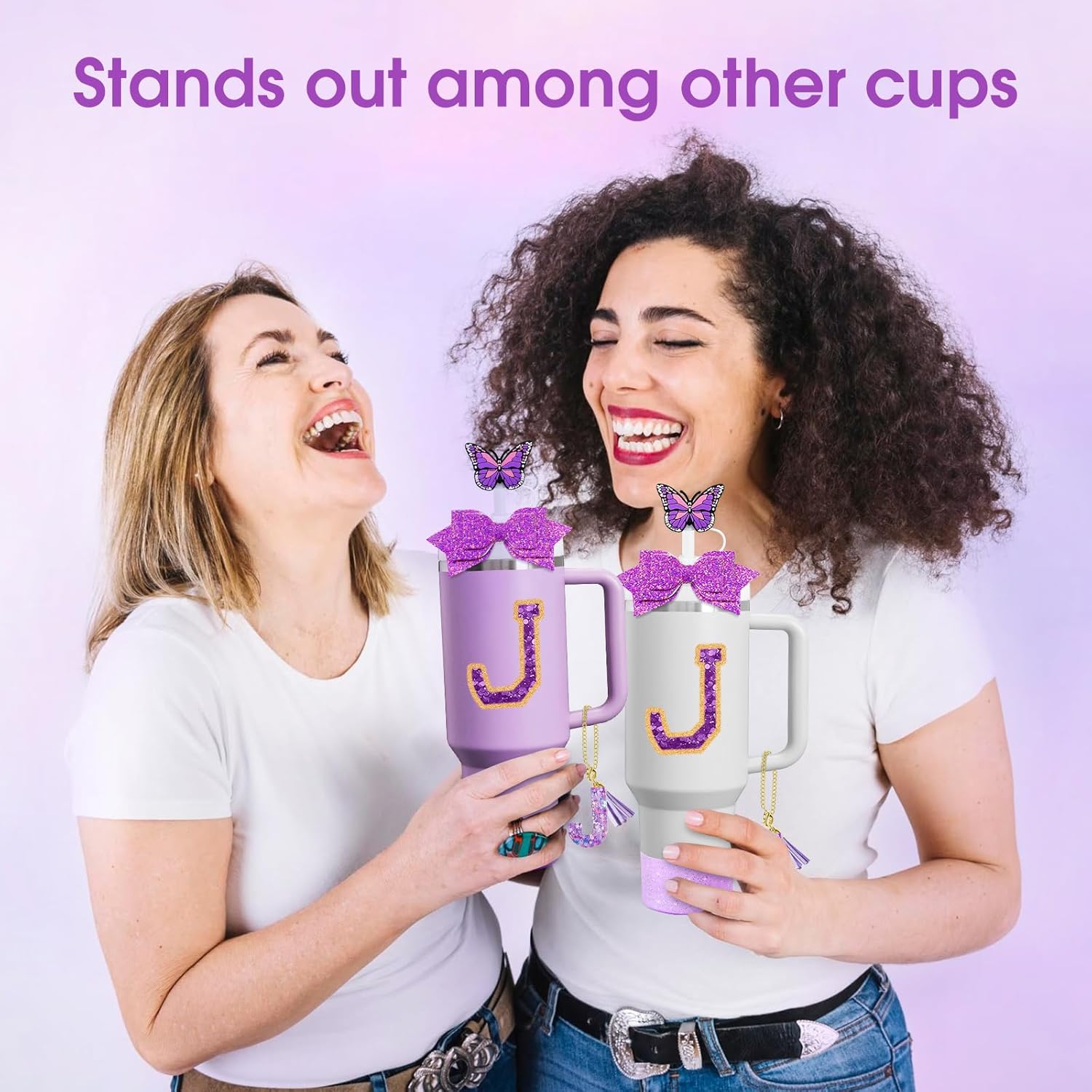 7Pcs Purple Stanley Cup Accessories Set for Stanley Cup 30&40 Oz Tumbler - Silicone Straw Cover Cap and Boot, Letter Charm for Handle, Spill Proof Stopper, Bow straw Decoration, Initial Sticker(J) - Image 6