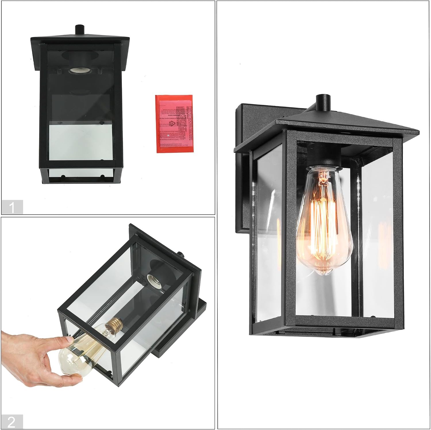 Black Outdoor Wall Lights, Farmhouse Exterior Wall Sconces Light Fixture with Clear Glass, Modern Square Waterproof Lanterns for Front Door, Entry, Porch, Patio, and Gazebo
