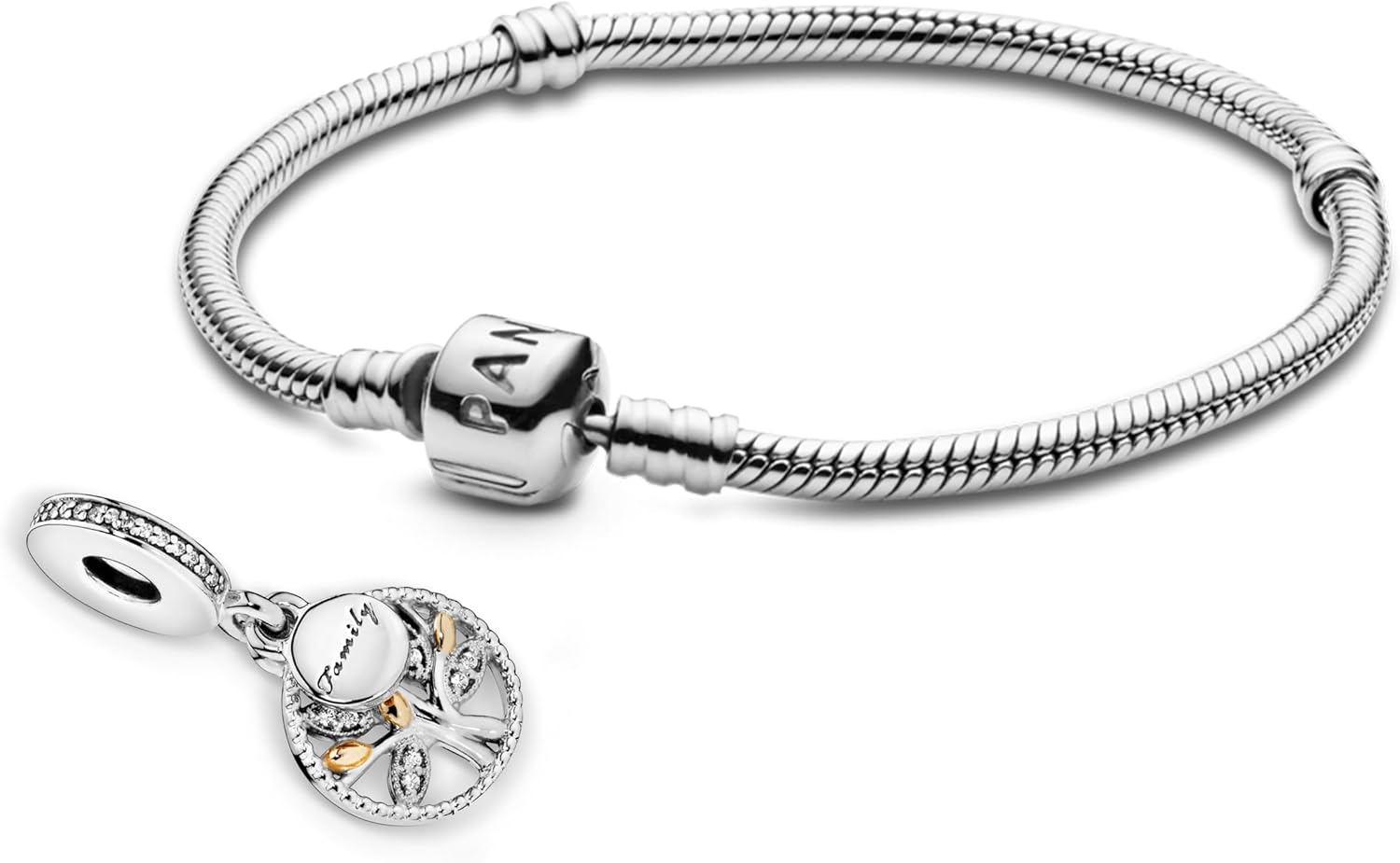 Pandora Jewelry Bundle with Gift Box - Sterling Silver & Gold Sparkling Family Tree Charm with CZ & Moments Sterling Silver Snake Chain Charm Bracelet with Barrel Clasp, 7.9" - Gift for Women