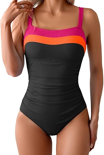 Women's Ribbed One Piece Swimsuits Color Block Tummy Control Bathing