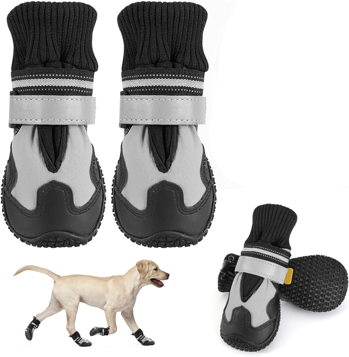 lukovee dog shoes - waterproof warm fleece lined dog booties for small medium large dogs, non-slip adjustable dog boot for winter cold weather (hx,size 4) grey-with black stitching size 4: width 2.2"