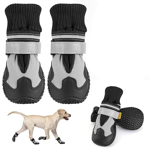 Lukovee Dog Shoes - Waterproof Warm Fleece Lined Dog Booties for Small Medium Large Dogs, Non-Slip Adjustable Dog Boot for Winter Cold Weather (HX,Size 4)