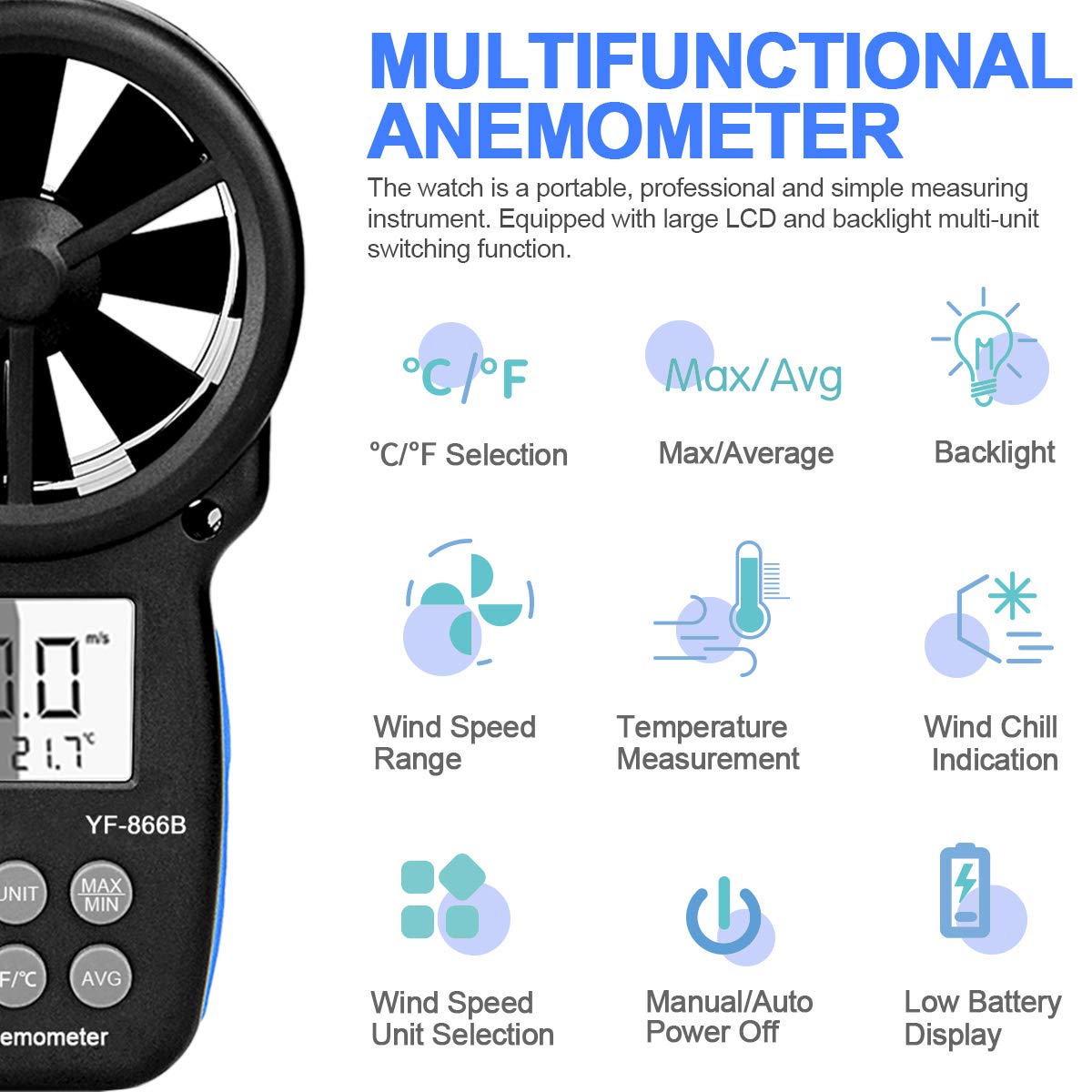 Anémomètre Numérique Portable, INFURIDER YF-866B LCD Mètre Jauge de Vent, Vitesse du Vent de Mètre Indicateur, Mesurer Vitesse et Yempérature du Vent pour Drone HVAC CFM (Trépied Inclus)