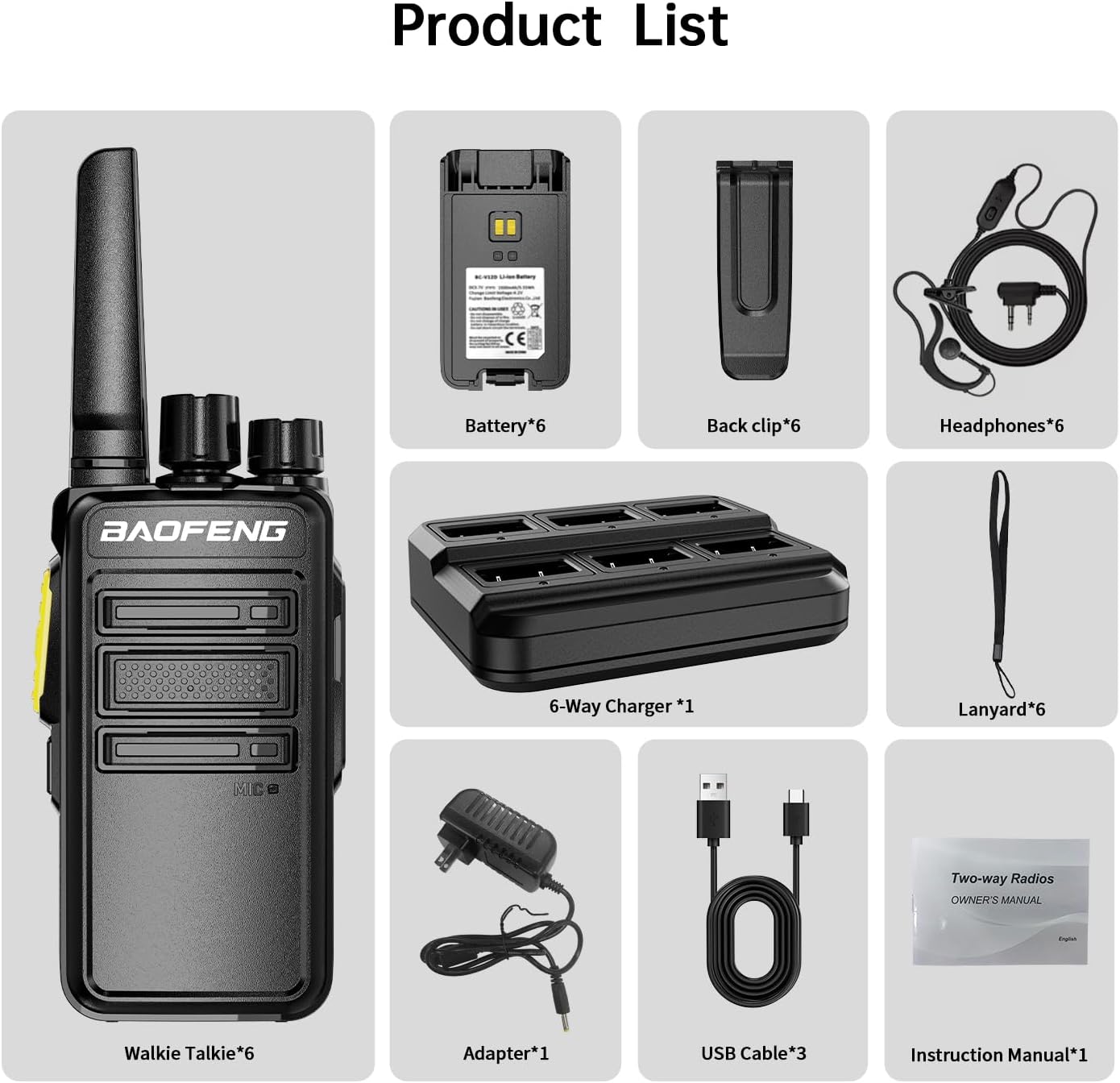 Image showing all included components of the BAOFENG BD-V12B radio package.