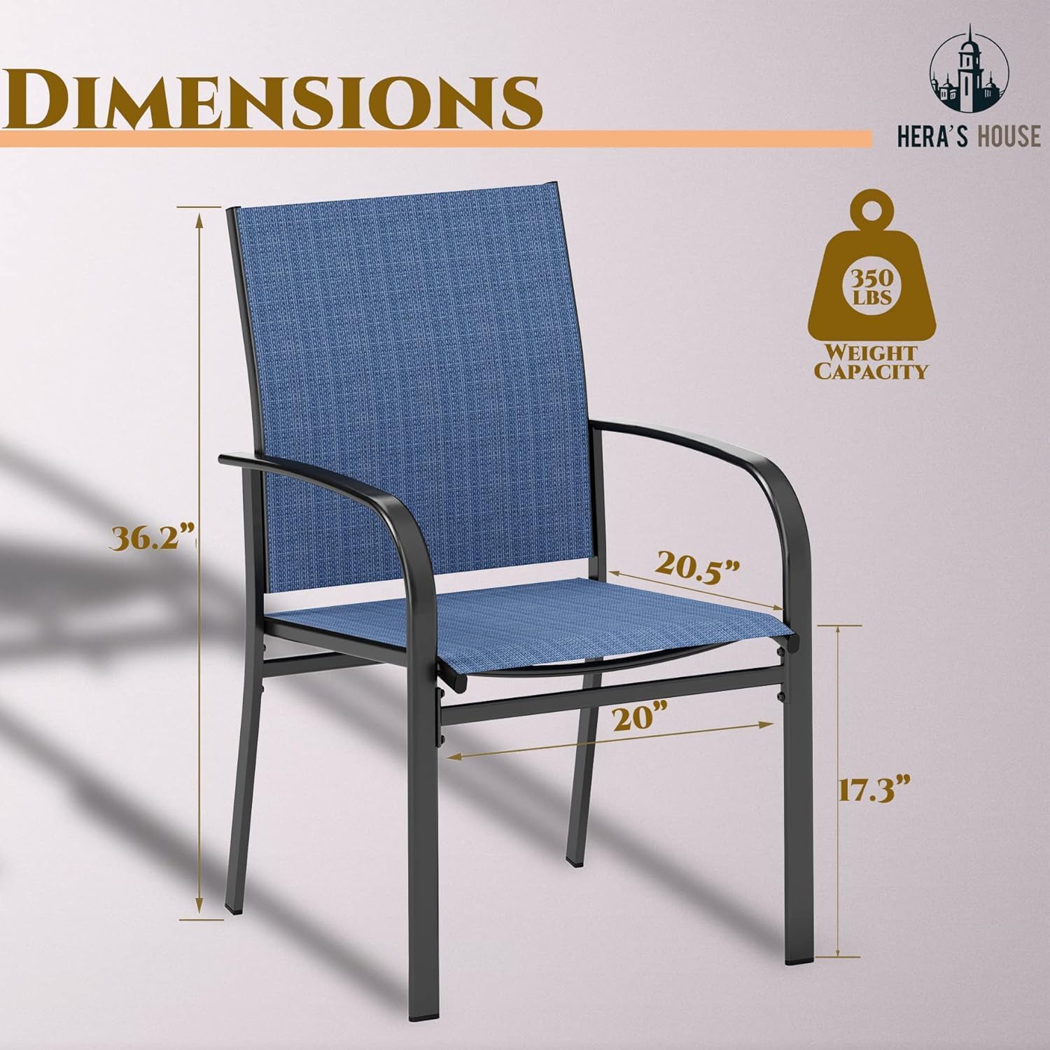 HERA'S HOUSE Patio Dining Chairs Set of 4, 36" Textilene Fabric Outdoor Chair with Wrought Iron Metal Frame Support 350lbs for Garden Lawn Backyard Kitchen Deck, Blue