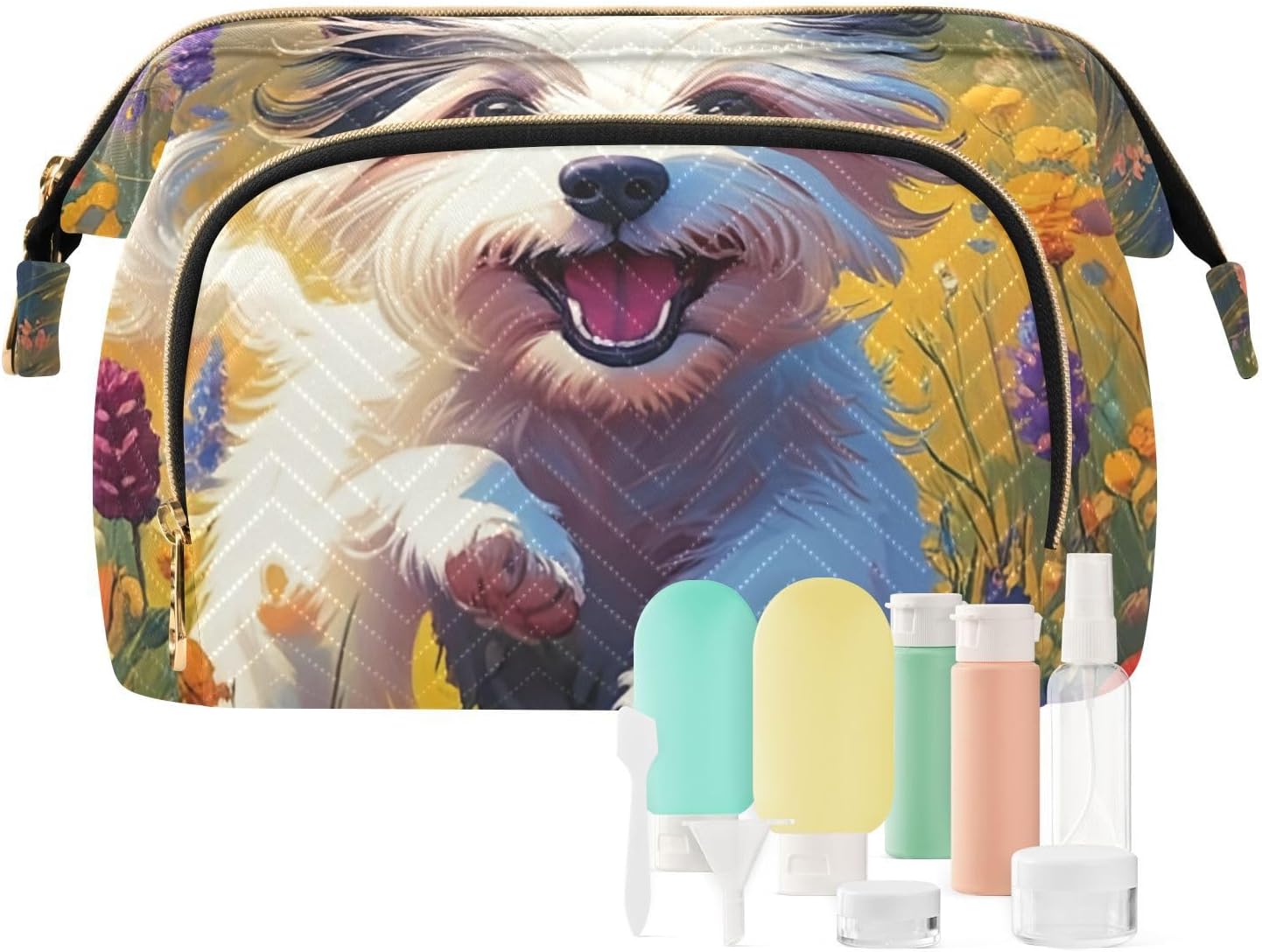 Dog Quilted Cosmetic Bag Travel Toiletry Organizer