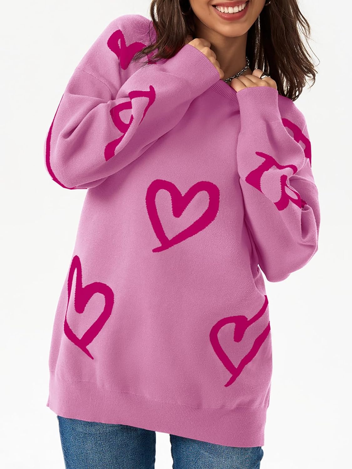 Saodimallsu Womens Oversized Heart Sweater Crew Neck Long Sleeve Knit Cute Valentines Pullover Sweaters - Image 3