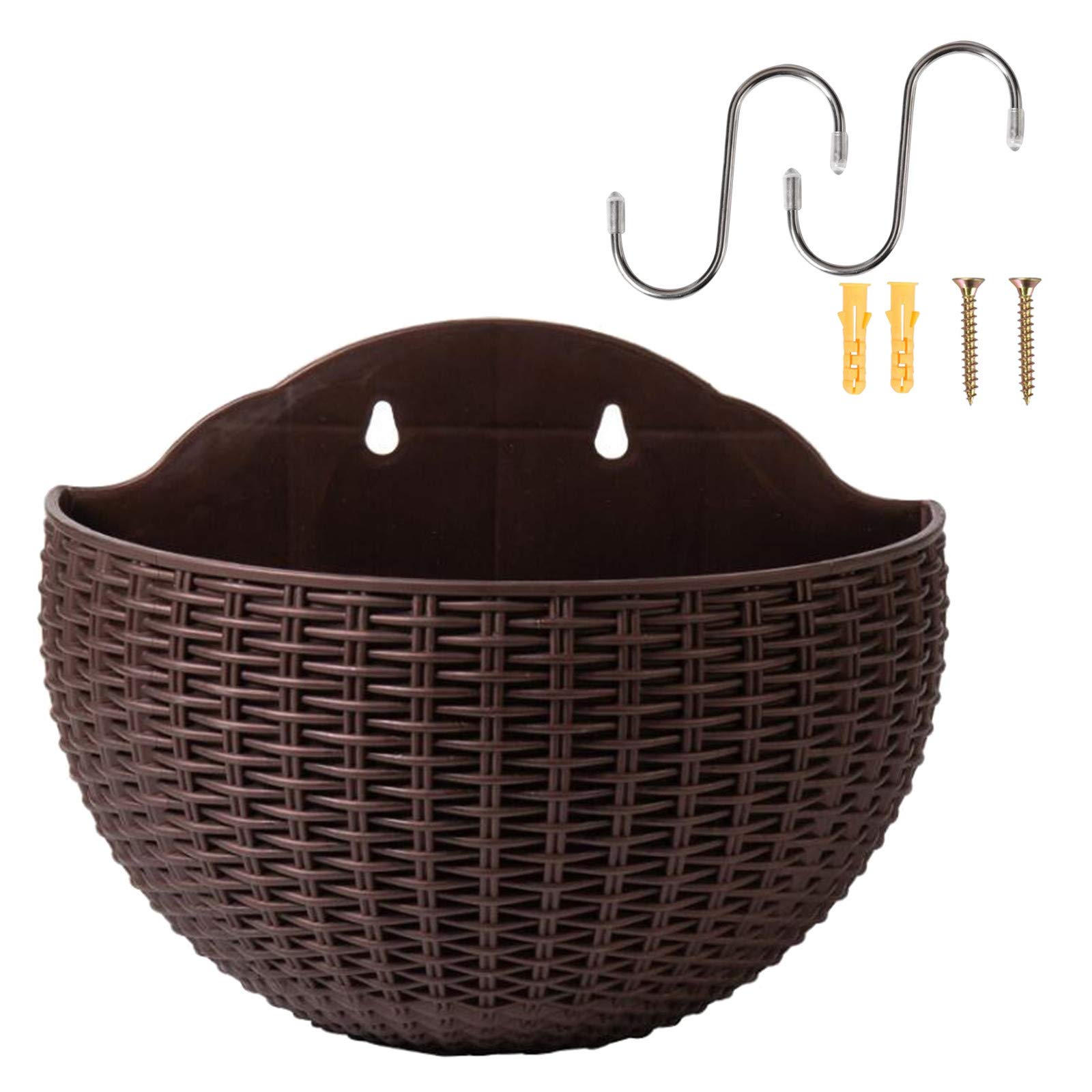 Jeffmvp A Creative Imitation Rattan Wall Hanging Semicircle Flower Pot, Outdoor Wall Hanging Planter Plastic Flower Pot For Balcony Fence Wall Mounted Planters With Drainage Nd 2 Hooks, Without Drilling (A)