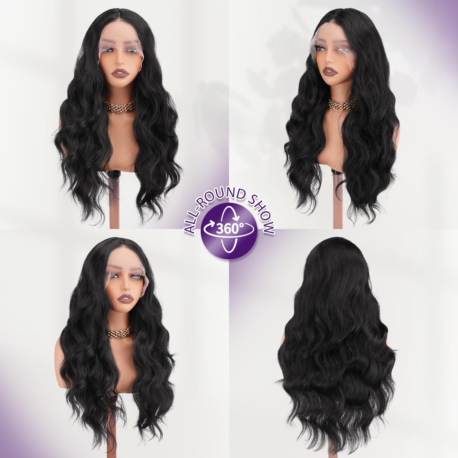 FESHFEN Lace Frontal Peruki Długie Falowane Peruka HD Koronkowym Peruki Syntetyczne Włókna z Włosy Naturalnym Wyglądem dla Kobiet, 70 cm Naturalna Czarny