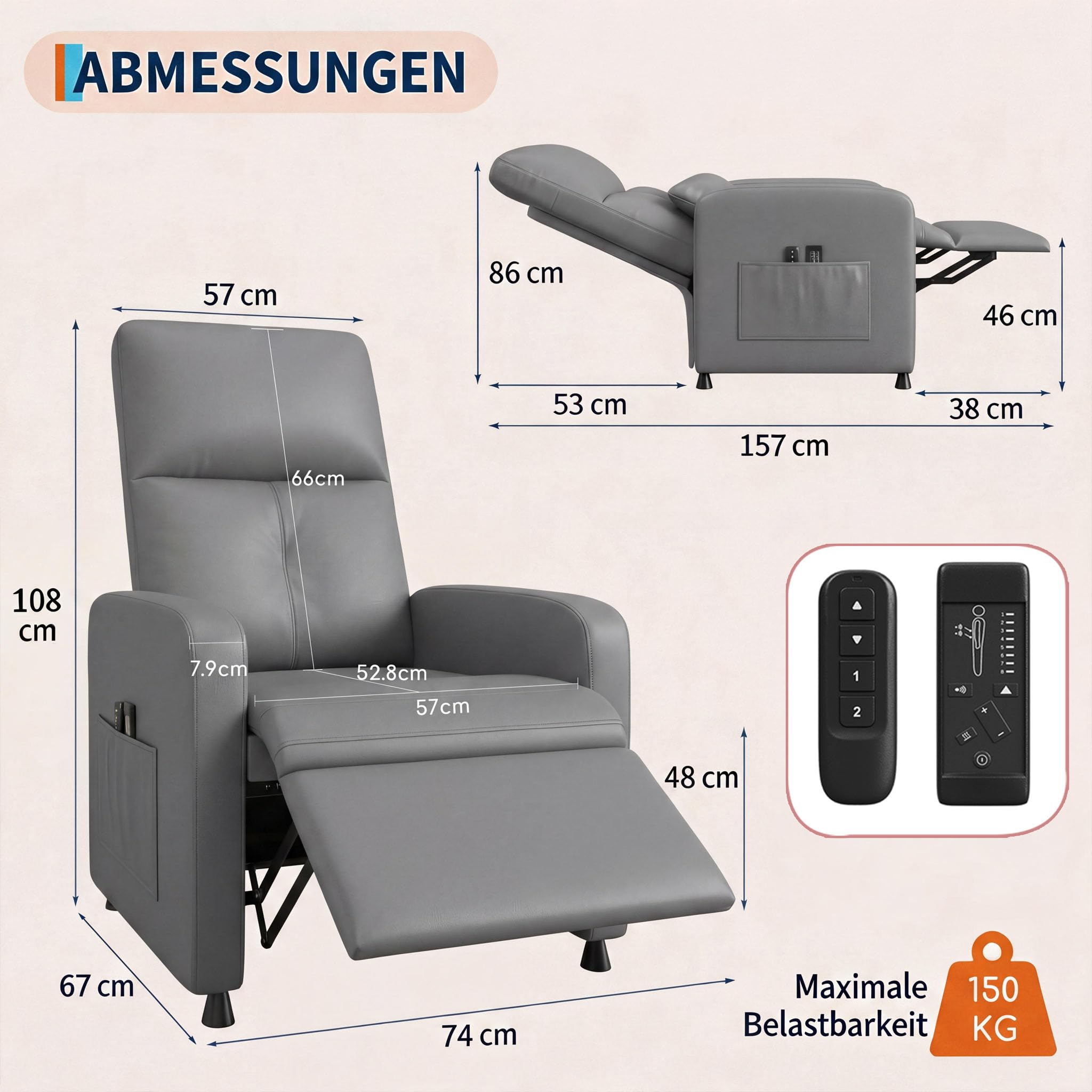 Massagesessel Elektrisch mit 8 Massagemodi, Relaxsessel mit Liegefunktion & Heizfunktion, Fernsehsessel mit Lendenstütze, USB-Anschluss & Seitentasche, Sessel für Wohnzimmer, belastbar bis 180 kg