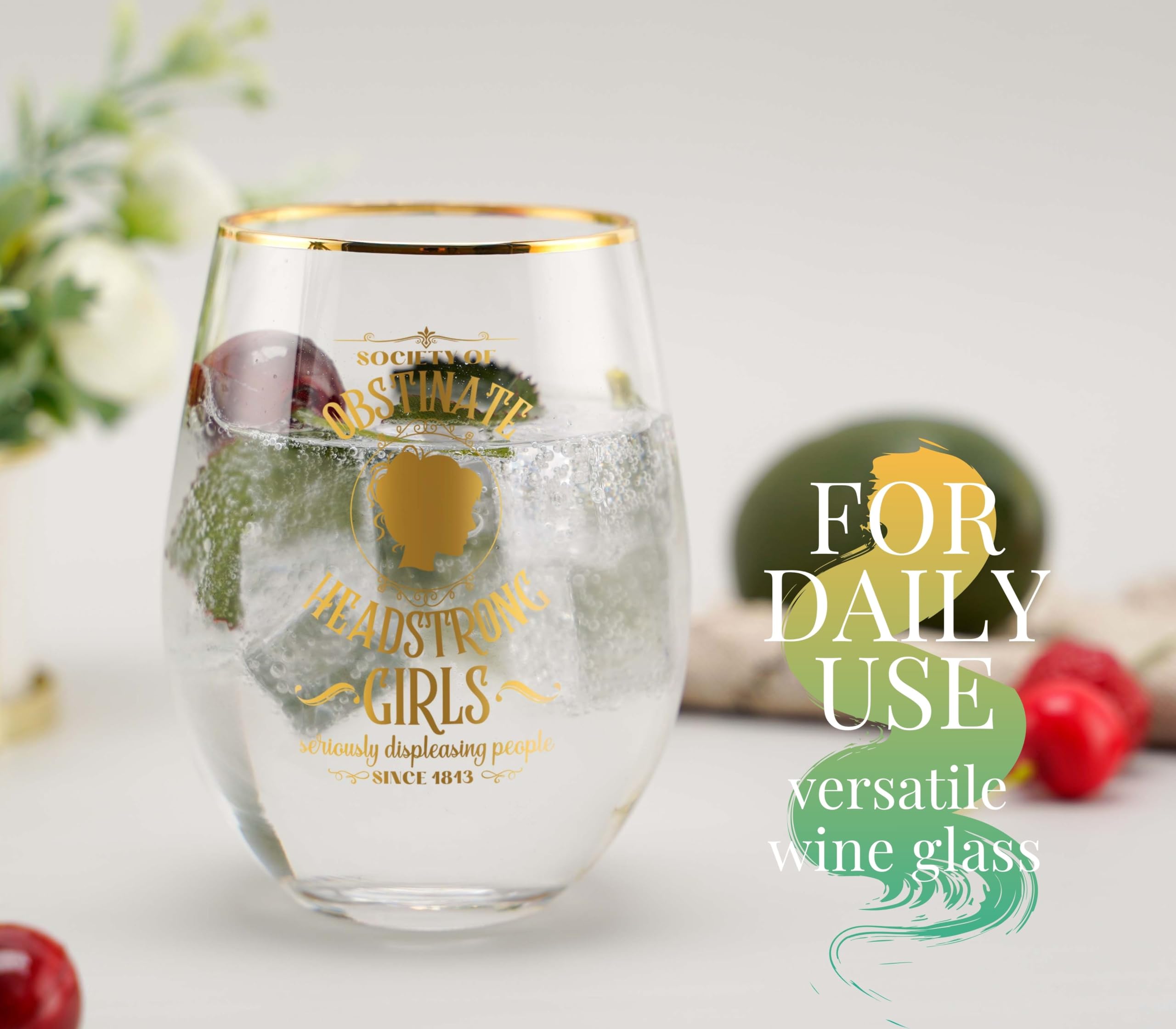 Onebttl Jane Austen Gifts for Women, 18oz Stemless Wine Glasses, Perfect for Pride & Prejudice Book Lovers for Birthday, Christmas