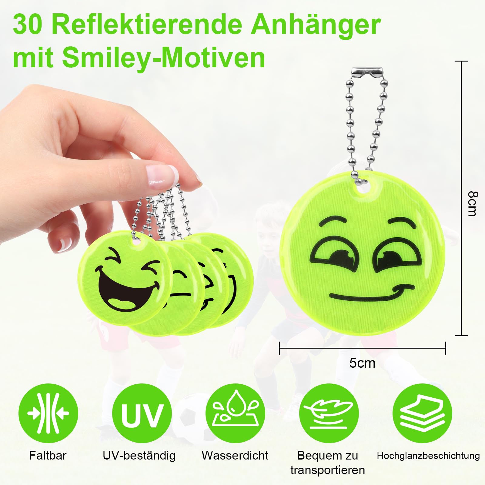 30 pezzi catarifrangenti per bambini portachiavi di sicurezza Smiley riflettenti, ciondolo per bambini, applicabile a zaini, giacca, ciclismo, corsa, compleanno per bambini