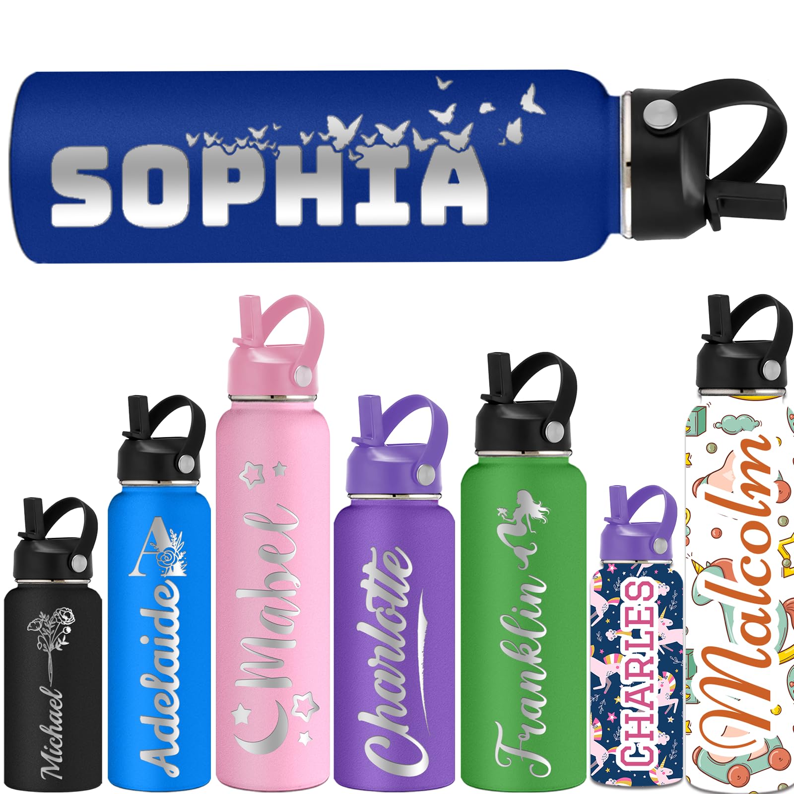 ShAxzHen Personalised Water Bottles for Kids with Straw Lid 40/32/24/18/12oz Custom Insulated Water Bottle Stainless Steel with Name Logo Customised Engraved Cups for School Sport Gym Name Navy