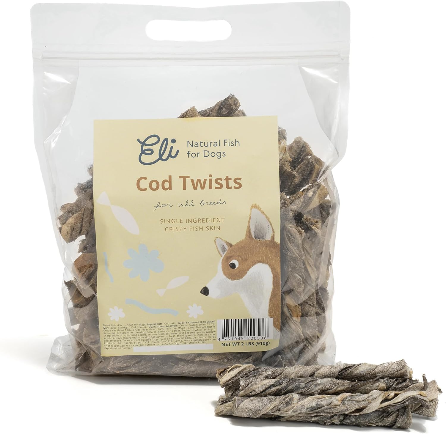 Eli Cod Skin Twists – A Natural, Crunchy Dog Treat Made from Twisted Cod Skins, High in Protein and Omega-3, Ideal for Teeth Cleaning, Single Ingredient, Grain Free, Gluten Free, Air Dried – 2 Lbs