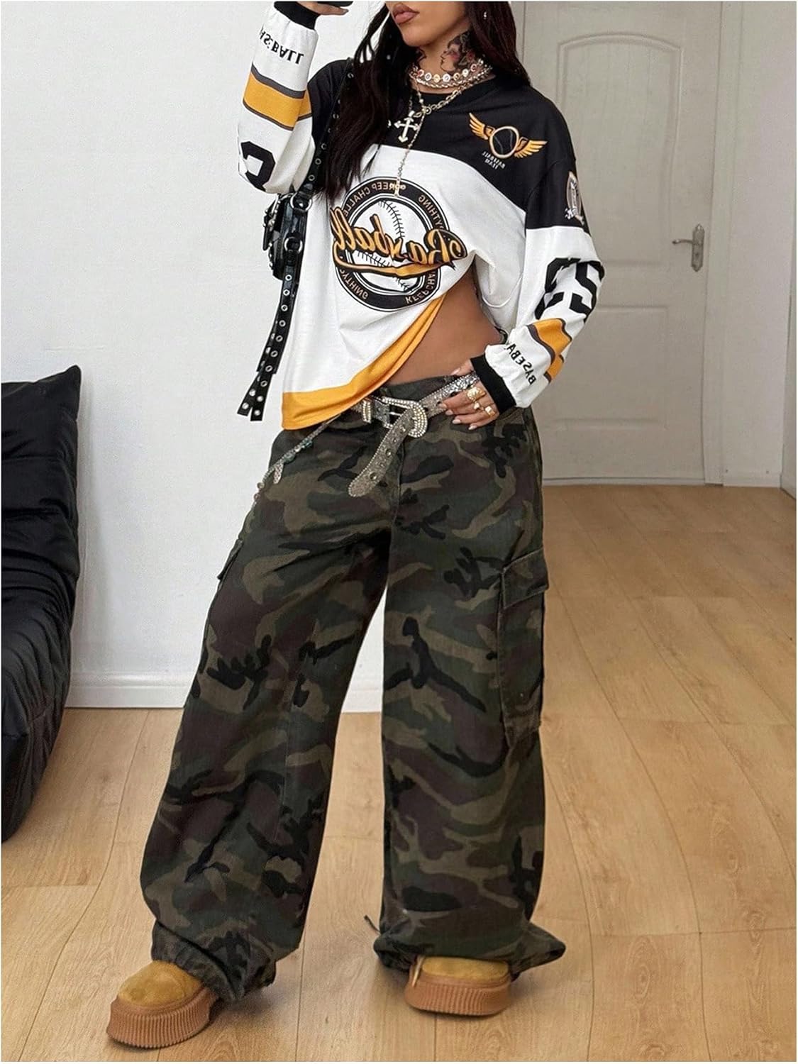 GORGLITTER Women's Oversized Jersey Shirts Y2k Clothes Number Letter Graphic Long Sleeve V Neck Top Aesthetic Streetwear - Image 5