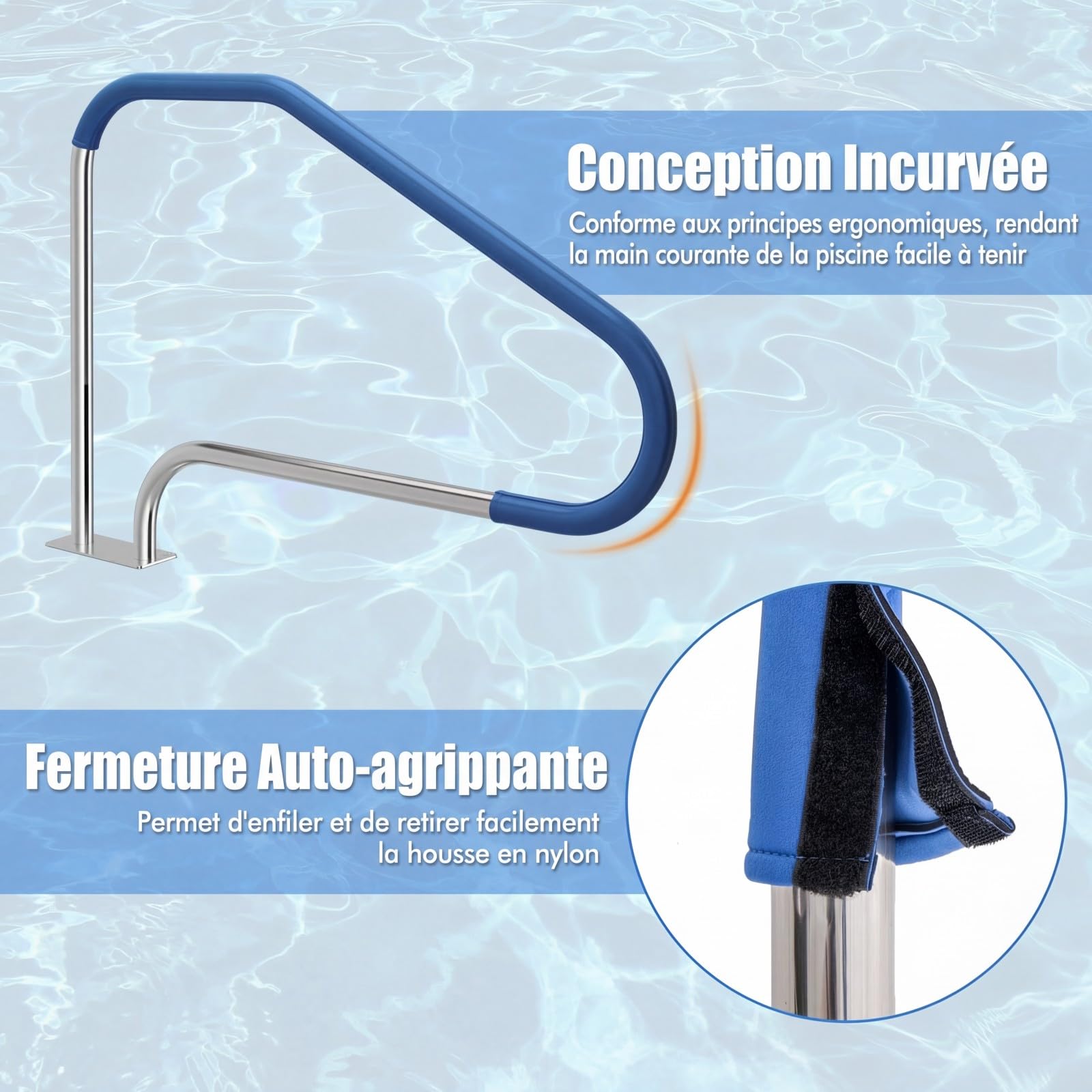 SOARS Rampe Piscine 119 X 79 CM, Main Courante Piscine en Acier Inoxydable, Charge 250 KG, avec Plaque de Base, Housse Antidérapante, Accessoires Incluses, Intérieur Extérieur pour Spa, Bain